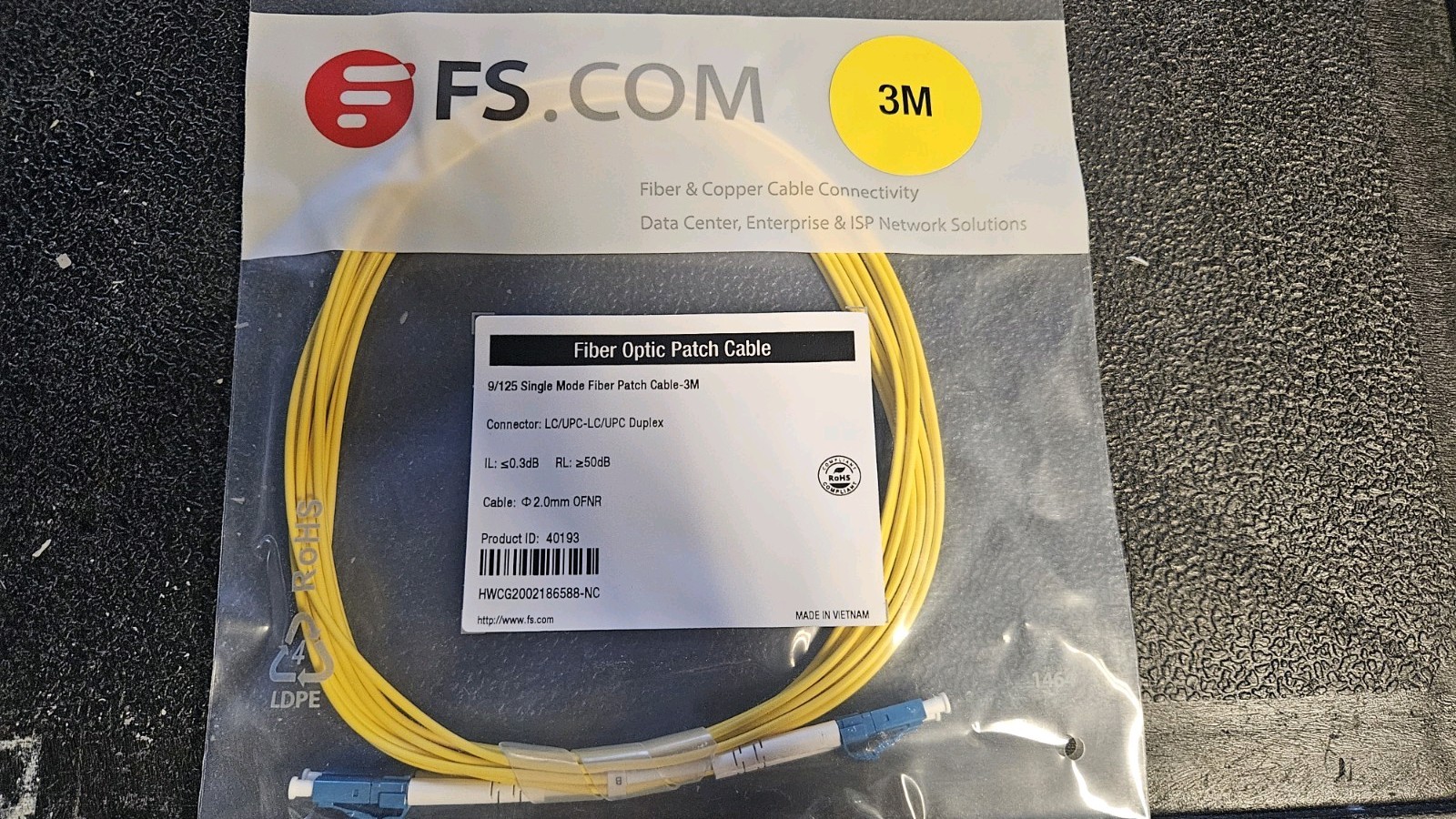 FS OS2 9/125 Single-Mode LC-LC Duplex Fiber Optic Patch Cable 3m Yellow X 4