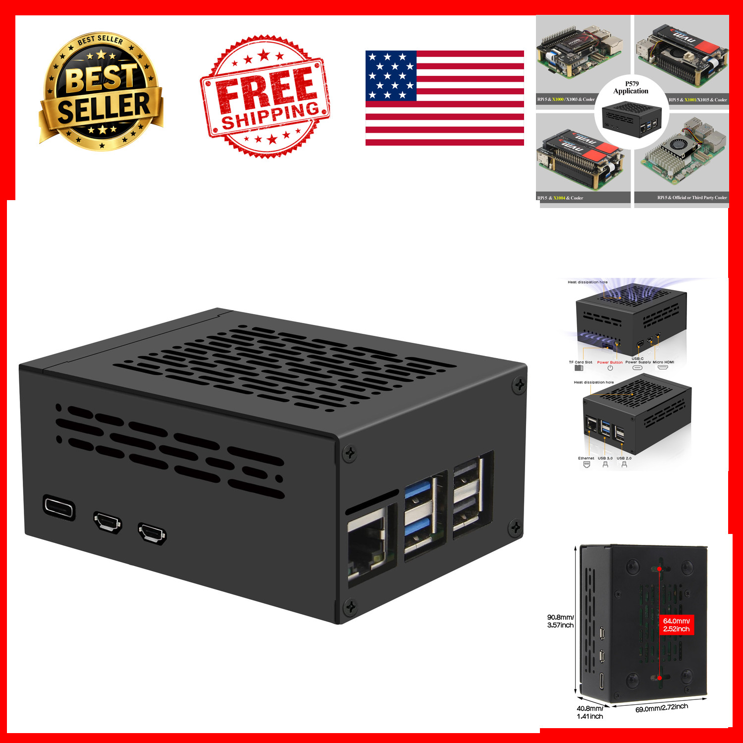 Metal Case for Raspberry Pi 5 PCIe M.2 NVMe HAT P579 Active Cooler Compatible