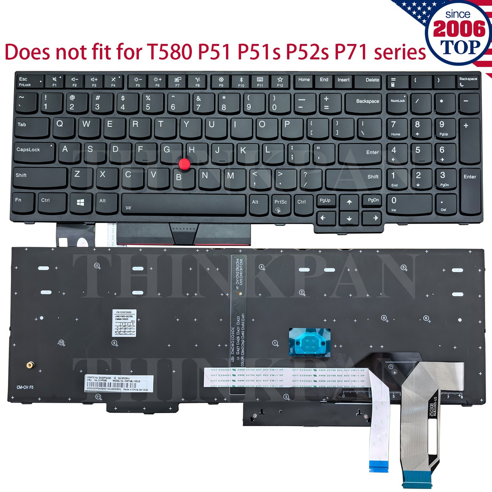 New US Backlit keyboard w/ Pointer for Lenovo ThinkPad E580 E585 E590 E595 L580