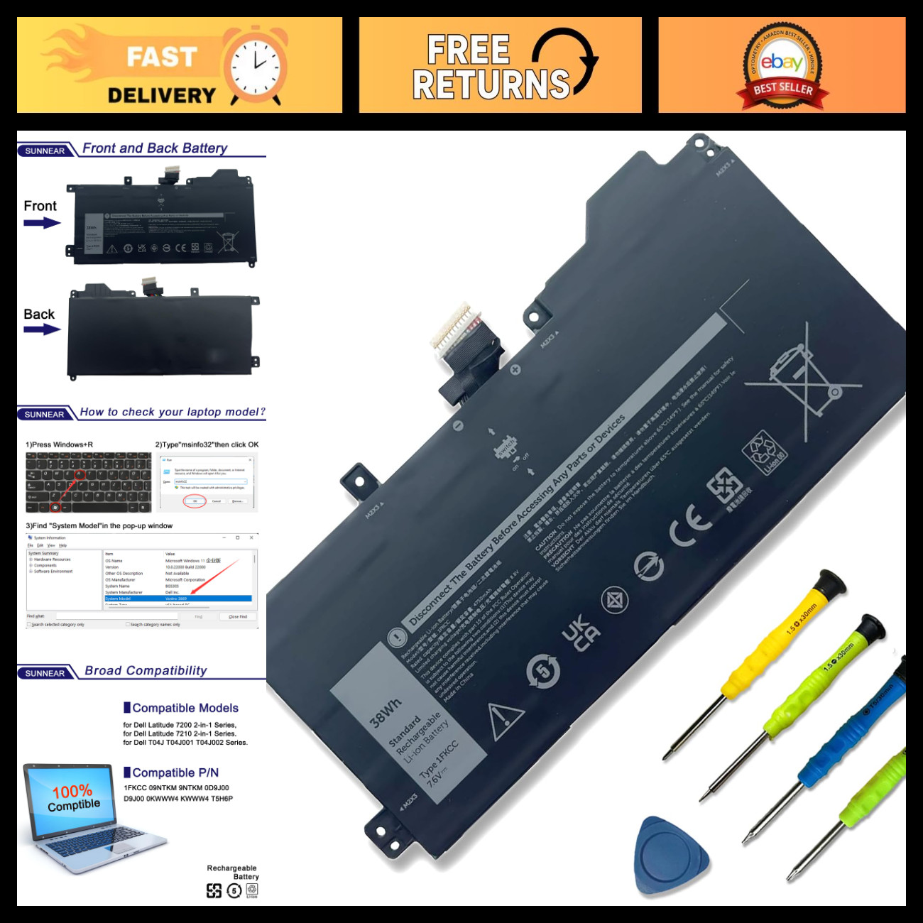 High-Capacity 38Wh Laptop Battery for Dell Latitude 7200 7210 2-in-1, 4750mAh