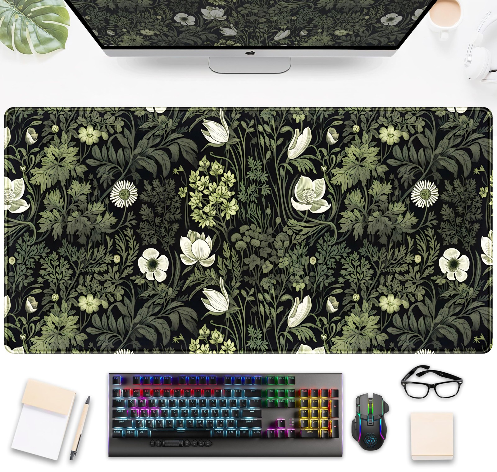 Dark Green Floral Plants XXL Gaming 31.5" x 15.8", 