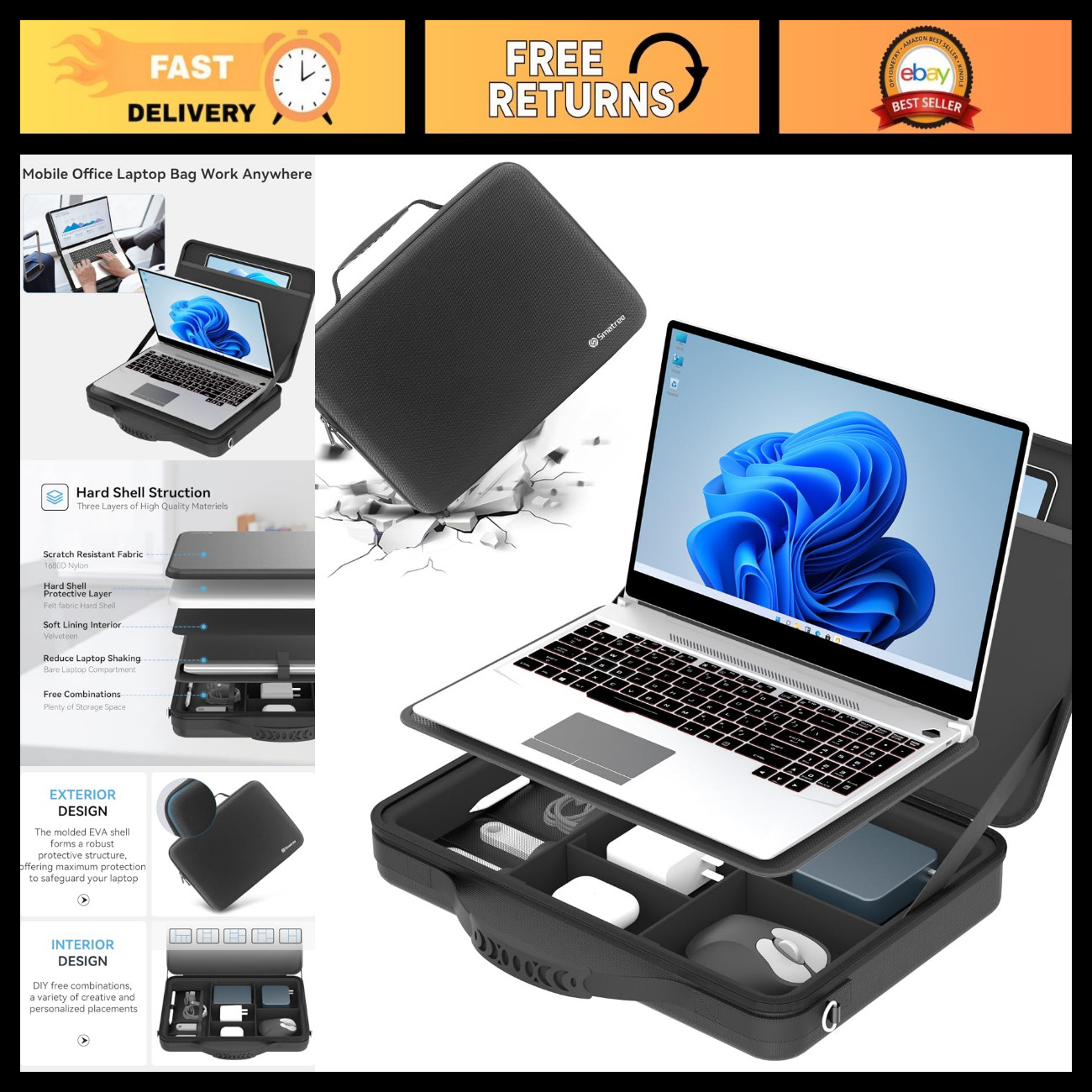 Hard Laptop Shoulder Case for 15.6-16" Laptops, Waterproof, Lightweight, Travel-