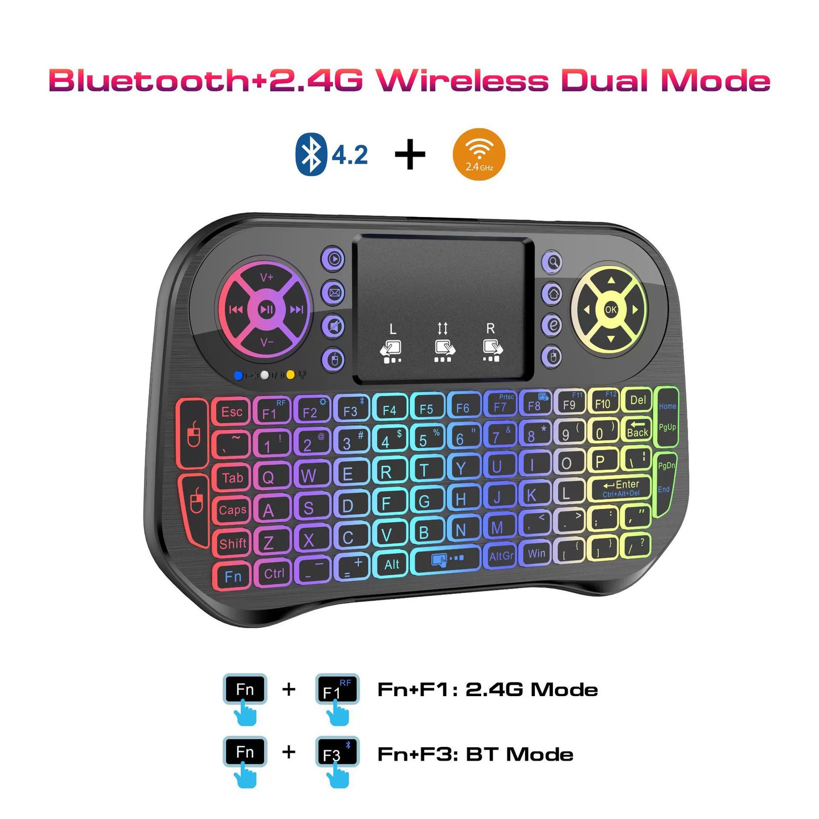 i10 Mini Wireless Bluetooth Keyboard Air Fly Mouse,7-Color RGB Backlit Touchpad 