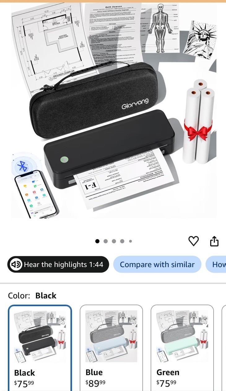 Gloryang PD-A4 Portable Thermal A4 Mobile Printer, Wireless Bluetooth, Case