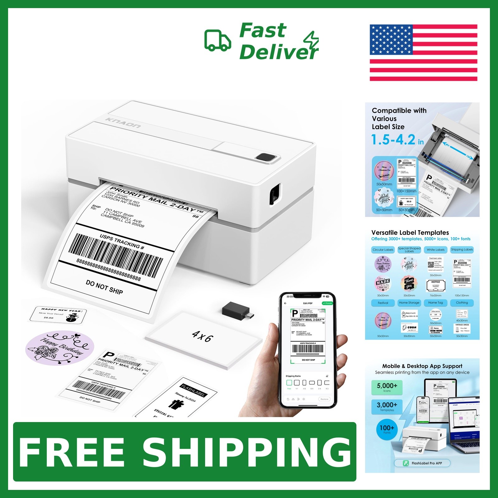Knaon Bluetooth Thermal Shipping Label Printer, White