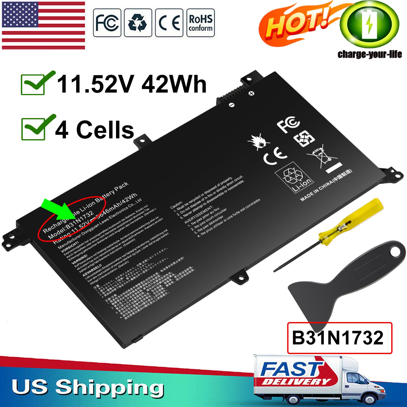 ✅B31N1732 Battery for Asus VivoBook S14 S430UA S430FA K430FA K430FN B31BI9H 42Wh