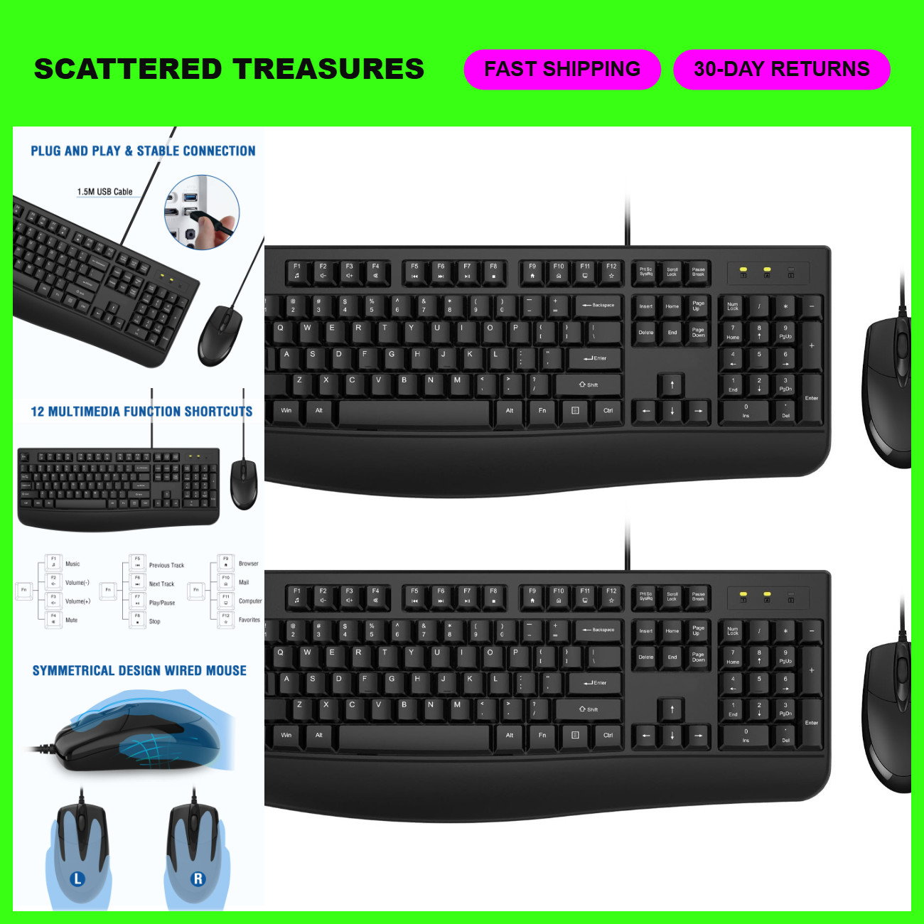 Ergonomic Wired Keyboard & Mouse Combo with Palm Rest - 2 Pack, Comfortable Desi