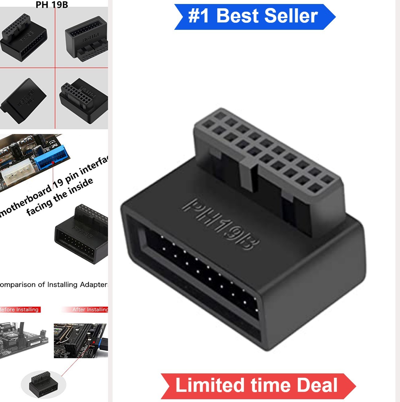 USB 3.0 90 Degree Motherboard Adapter 19 20 Pin Male to Female PH19B Down Angle