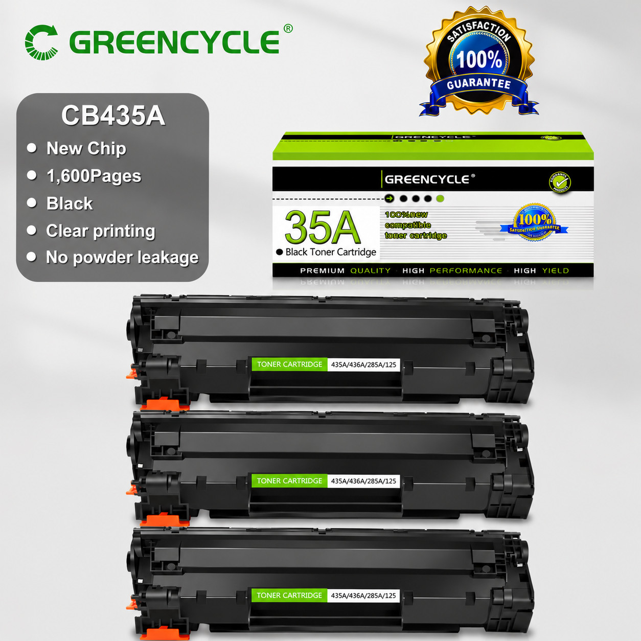 3 Pack CB435A 35A Black Toner Works With HP LaserJet P1005 P1006 P1007 P1009