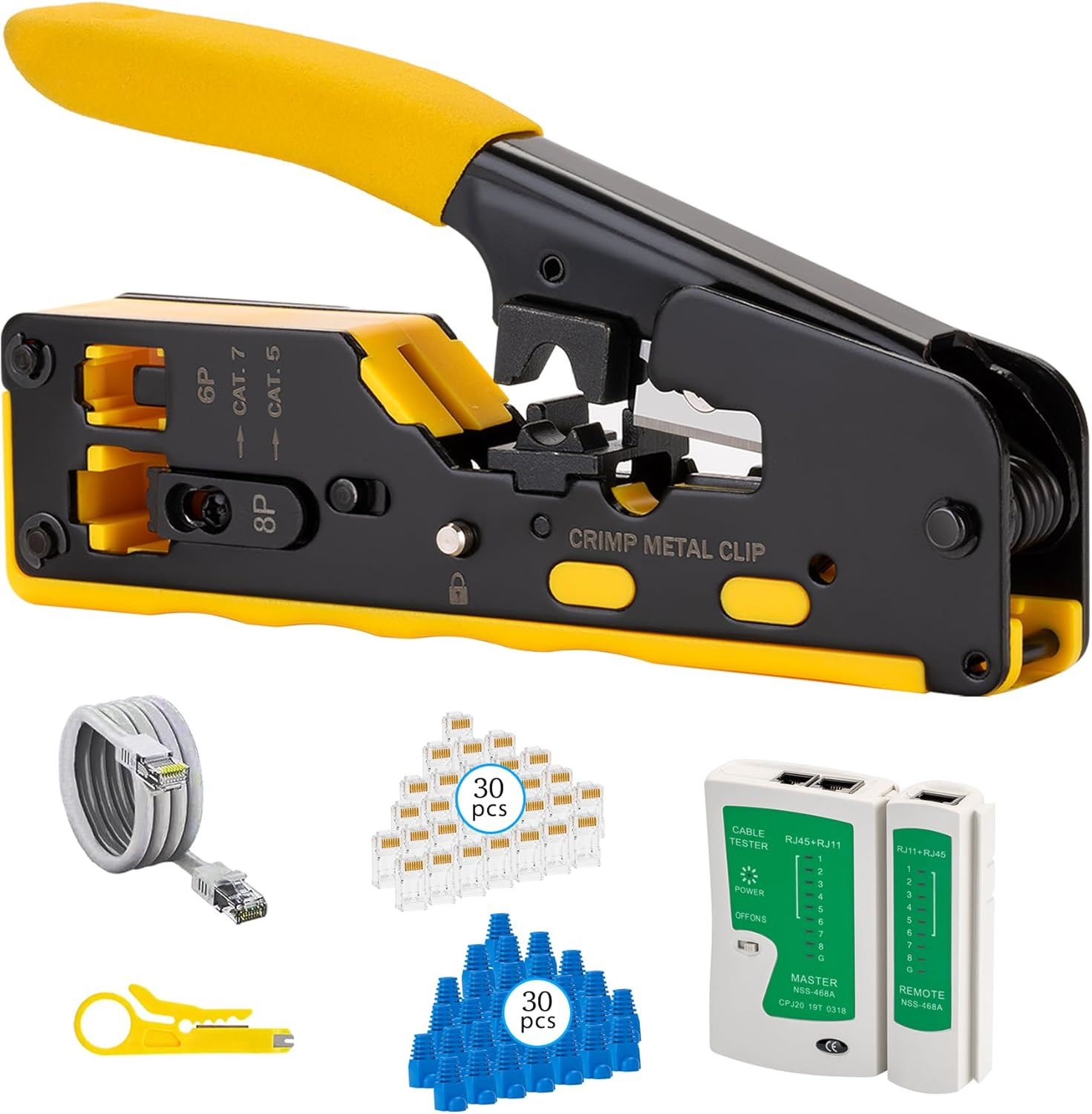 RJ45 Crimp Tool Kit with Tester & 30 Cat6 Connectors for Ethernet