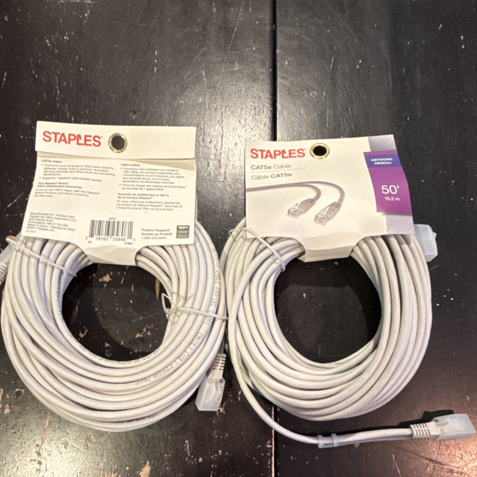 Staples Cat5e RJ-45 to RJ-45 Ethernet Patch Cable Gray 50 ft - 2 Pack