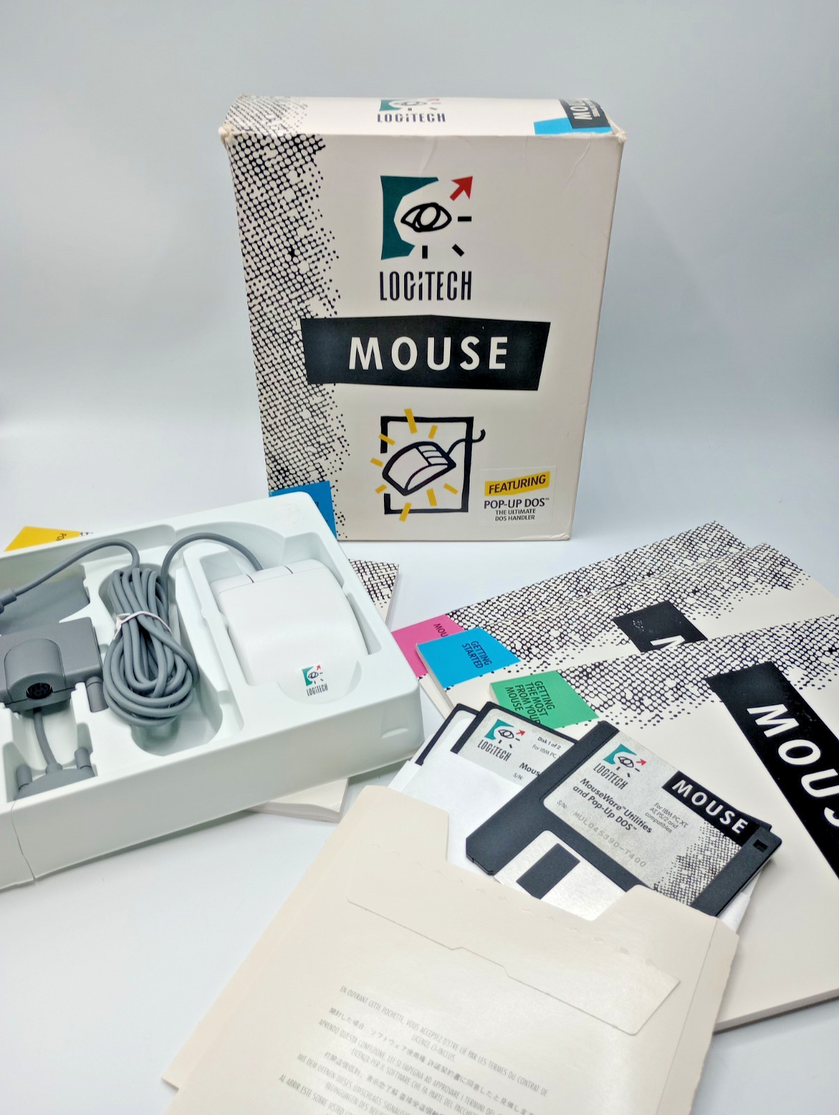 Vintage 1989 Logitech  Serial PS2 Mouse - Complete in Box w/ Pop-Up DOS, Manuals