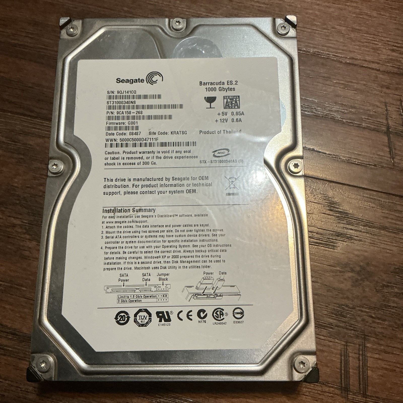 Hdd 1000gb barracuda es.2, st31000340ns, 9ca158-268, fw:sn06