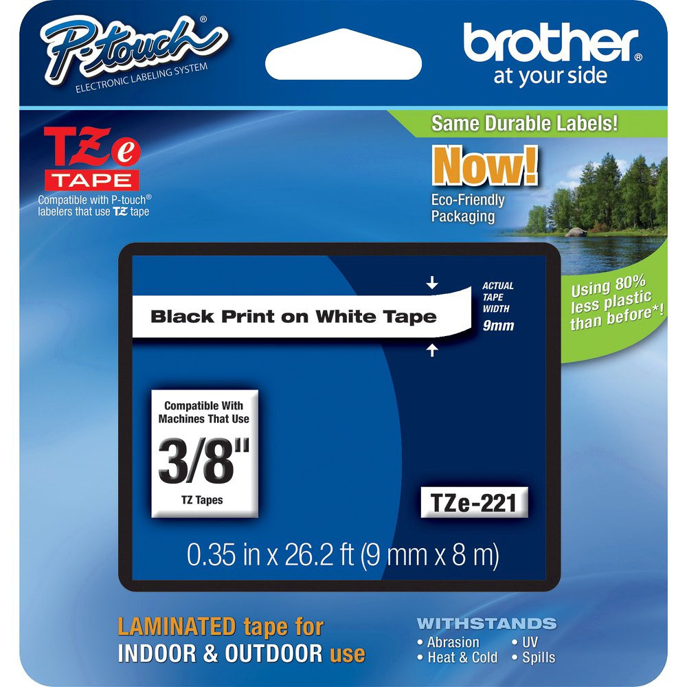 Brother TZe221 9mm 3/8" black on white PTD200 D200 PTH100 PT H100 ptouch TZ tape