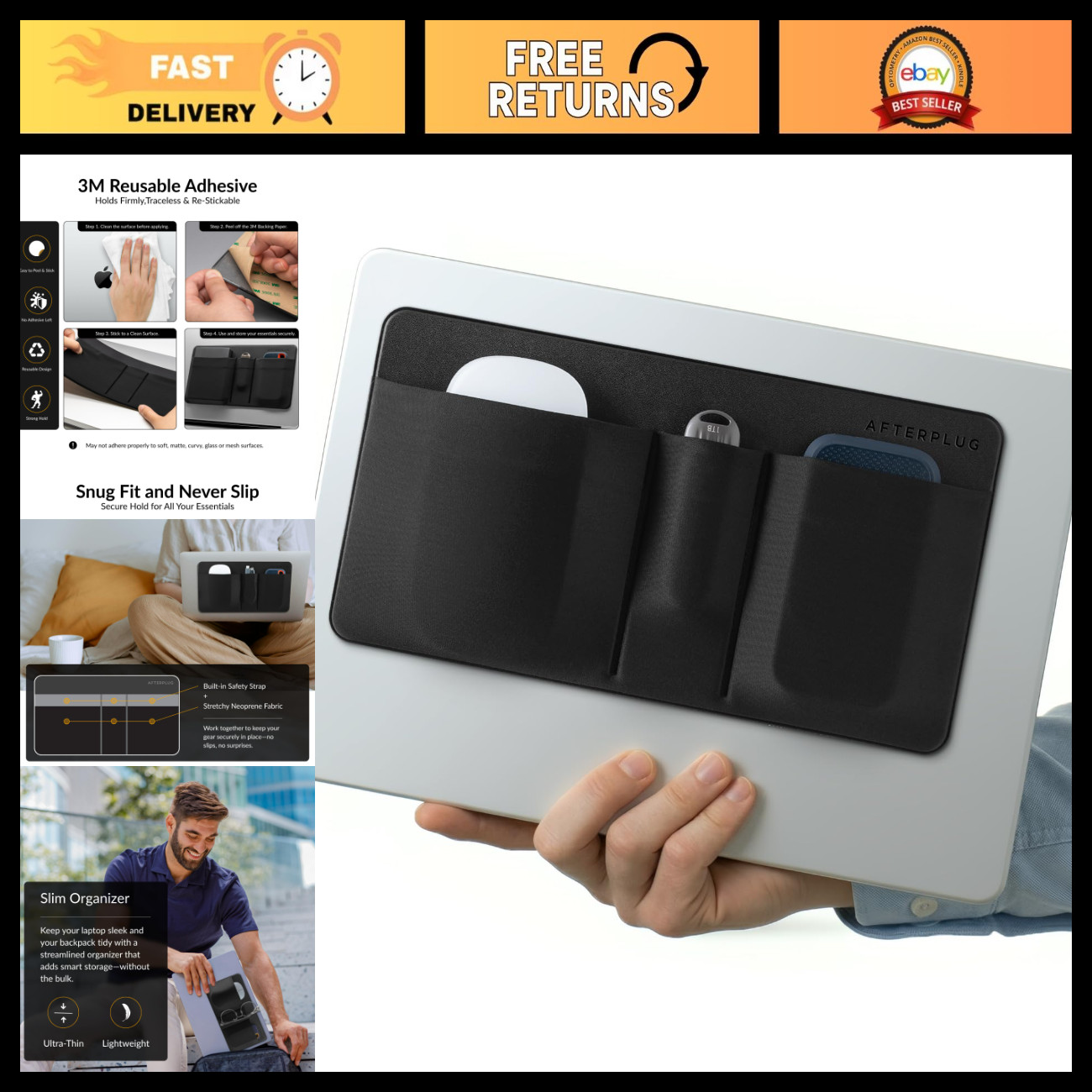 3-Pocket Laptop Mouse & Hard Drive Storage Pouch, Stick-On Organizer Sleeve