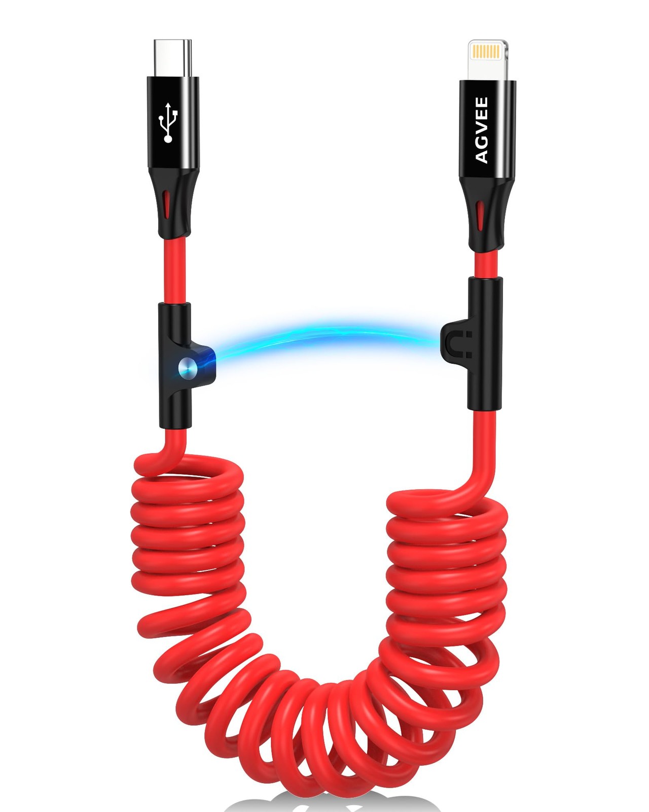 AGVEE 3ft Coiled Short USB-C to Lightning Charging Cable [MFI 3ft, Red 