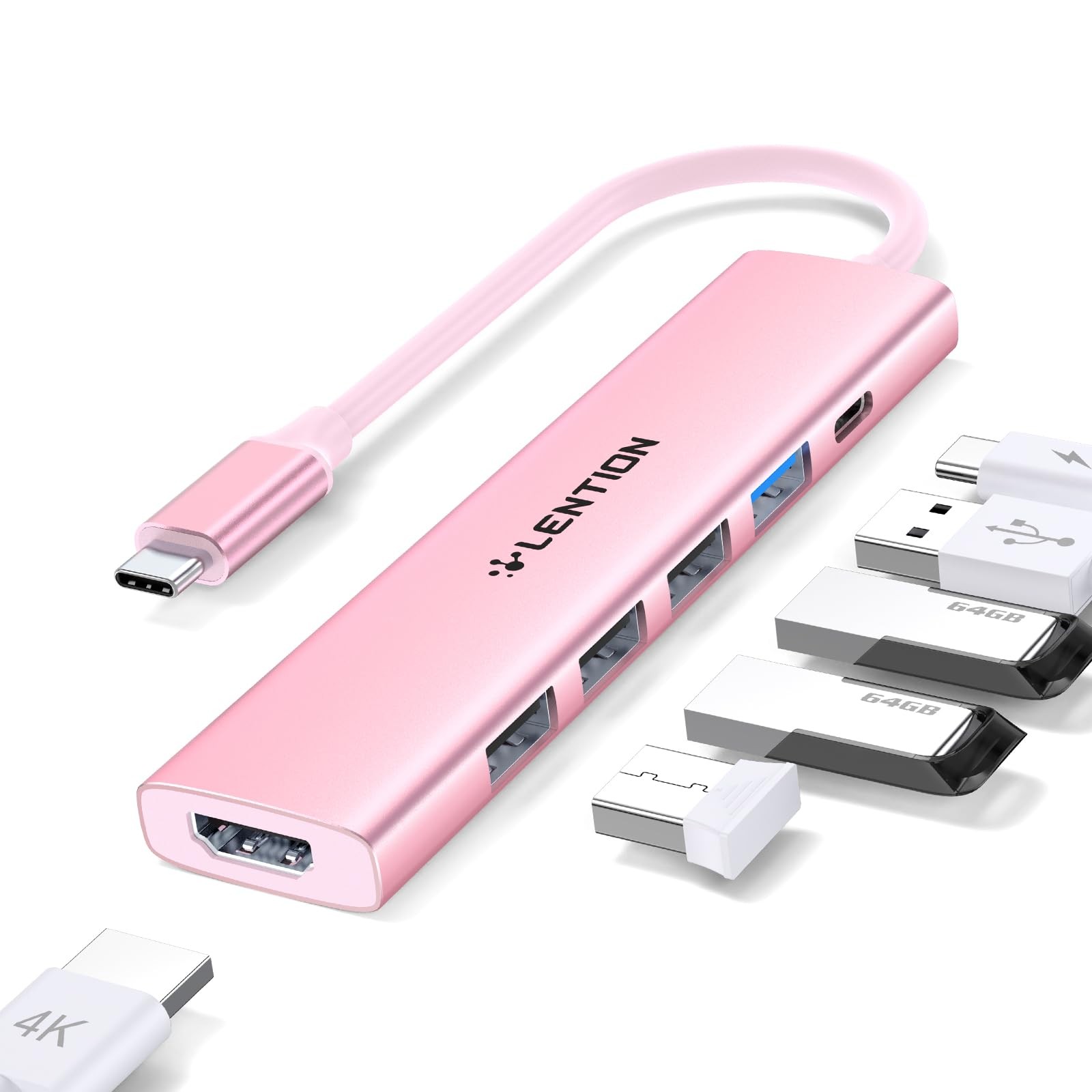 LENTION 6-in-1 USB-C Hub 4K HDMI 4x USB-A PD Charging Rose Gold Japan Import