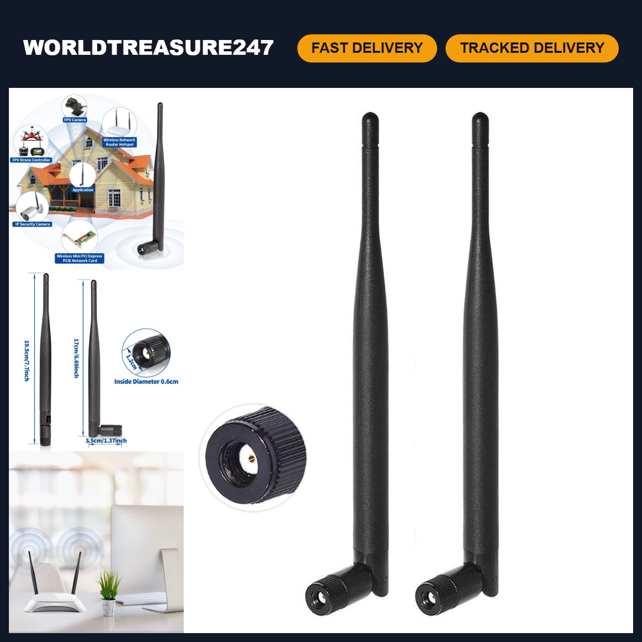 Dual Band WiFi Antenna 2.4GHz 5GHz 6dBi MIMO RP-SMA Male (2-Pack) for Router, US