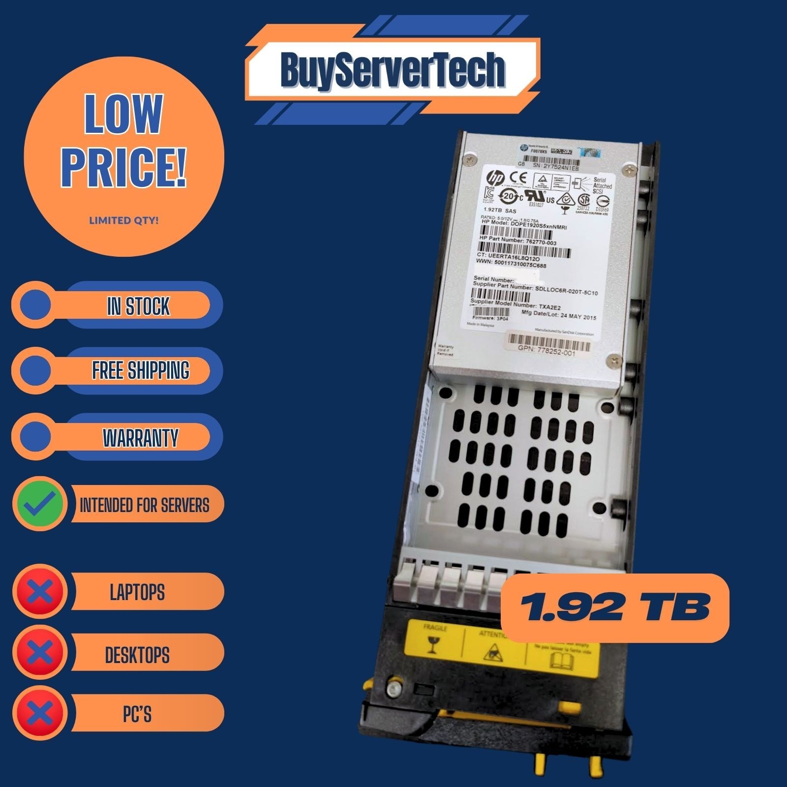 778180-001 E7Y57A HPE 3PAR  1.92TB SAS SSD 2.5" HARD DRIVE M6710 7200 7400 7500