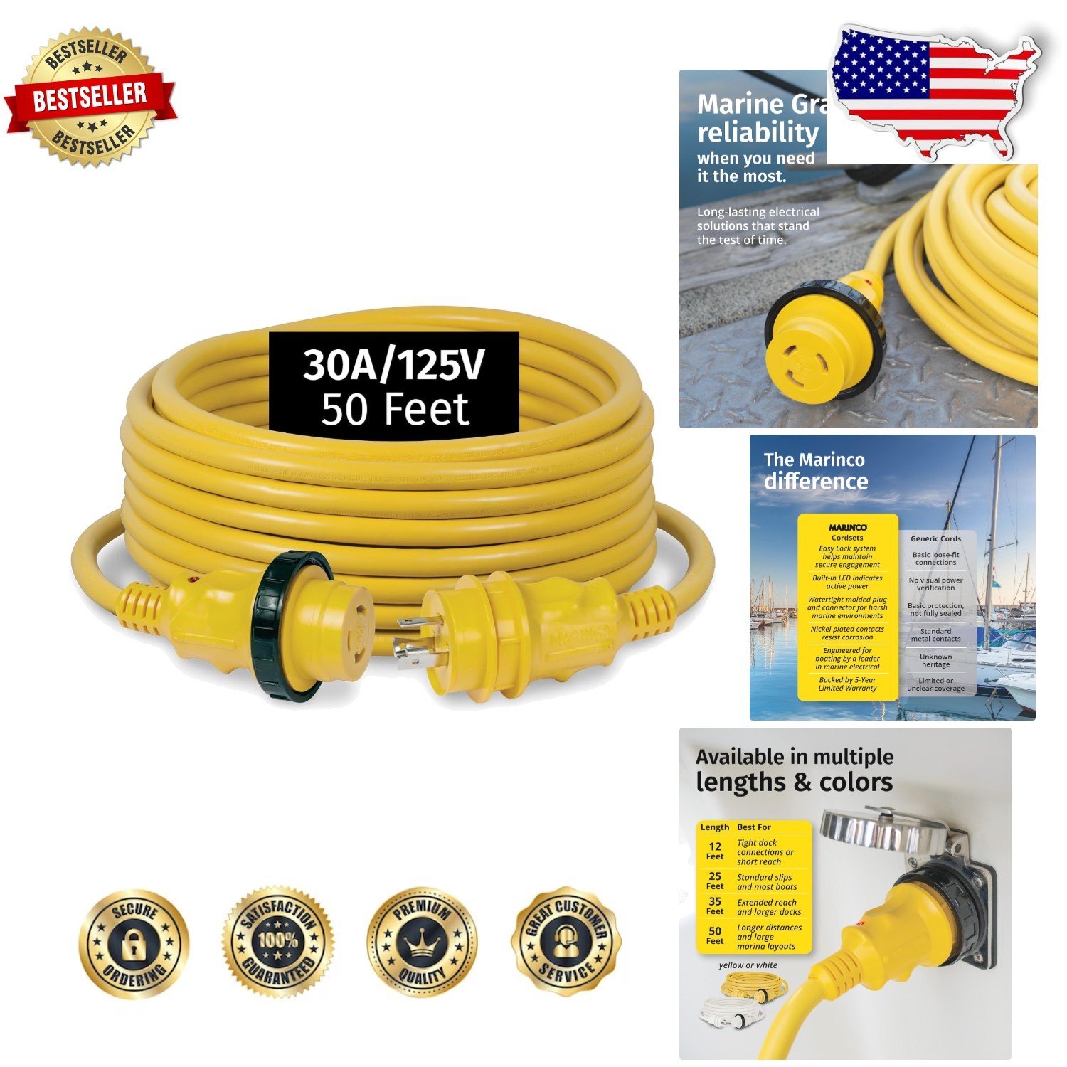 Yellow 30A 125V Shore Power Cable 50ft - Marine Grade, Watertight, LED Indicator