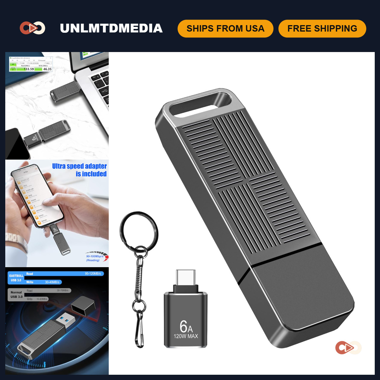 64GB USB 3.0 Flash Drive with USB Adapter - High-Speed Thumb Drive Storage