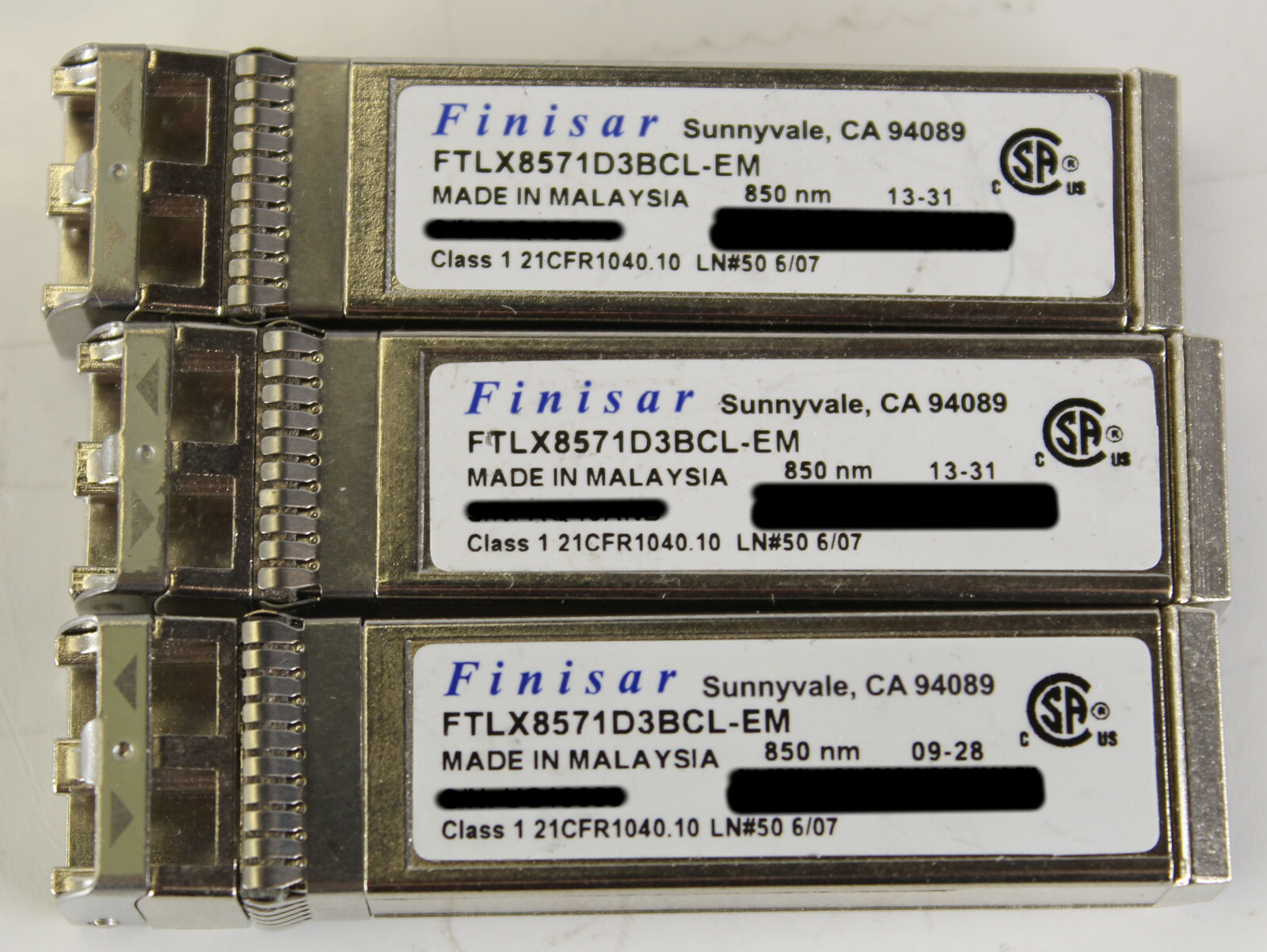 Lot of 3 Finisar FTLX8571D3BCL-EM Class 1 850nm 10Gb SFP Transceiver Module