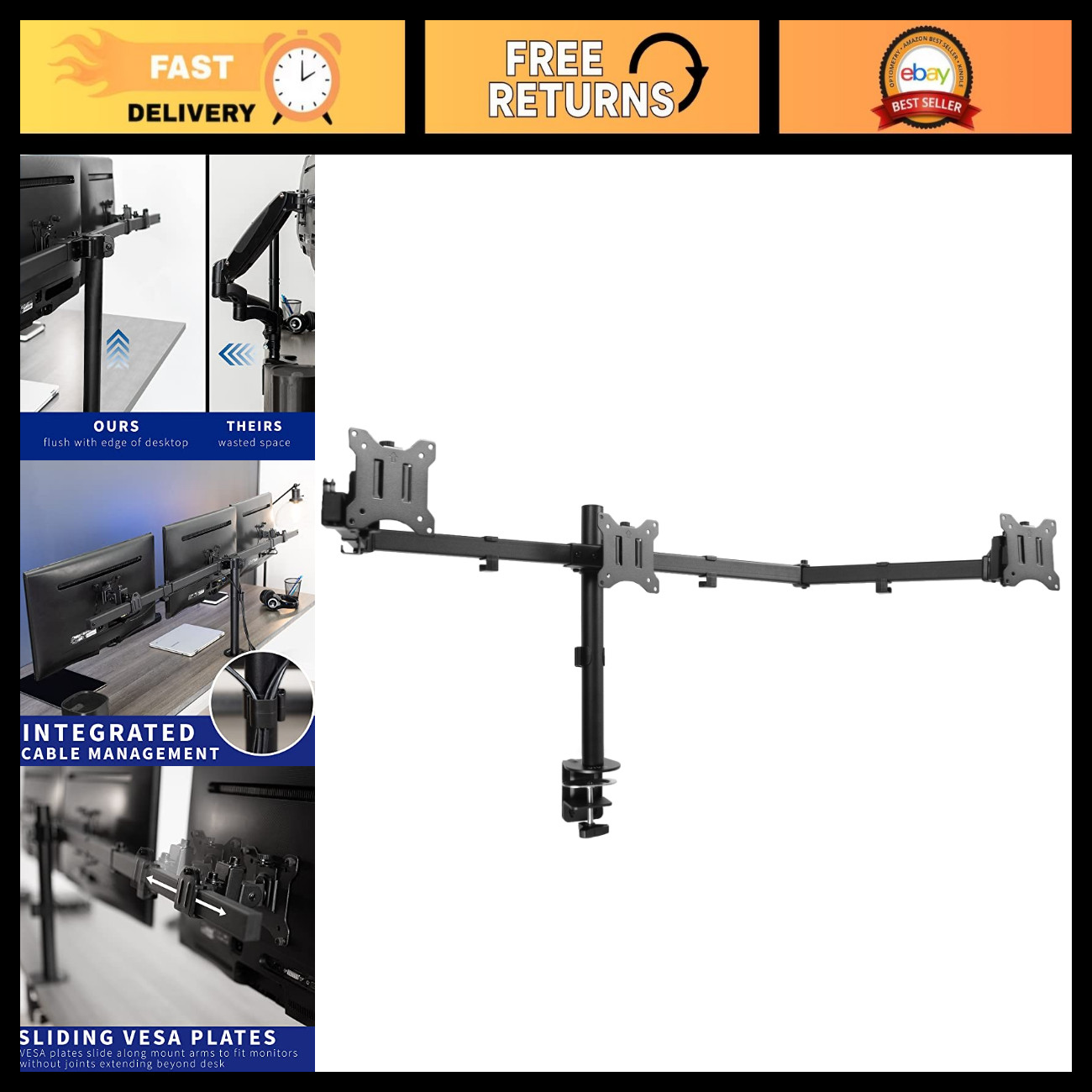 Triple Monitor Desk Mount for 21.5-27" Screens, Heavy Duty Clamp, Articulating S