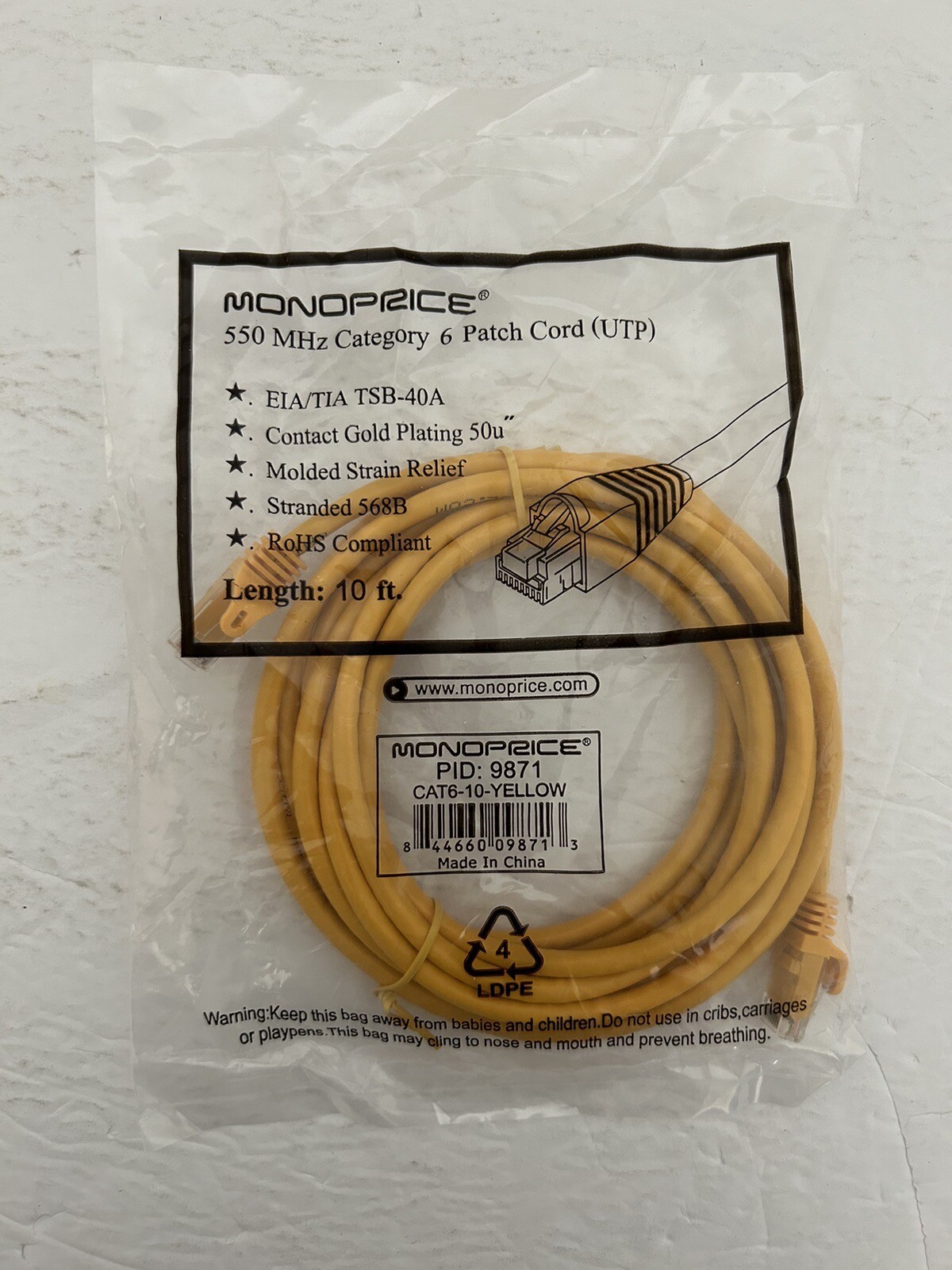 Monoprice 550 MHz Category 6 Patch Yellow Cord (UTP) 10 ft 9871
