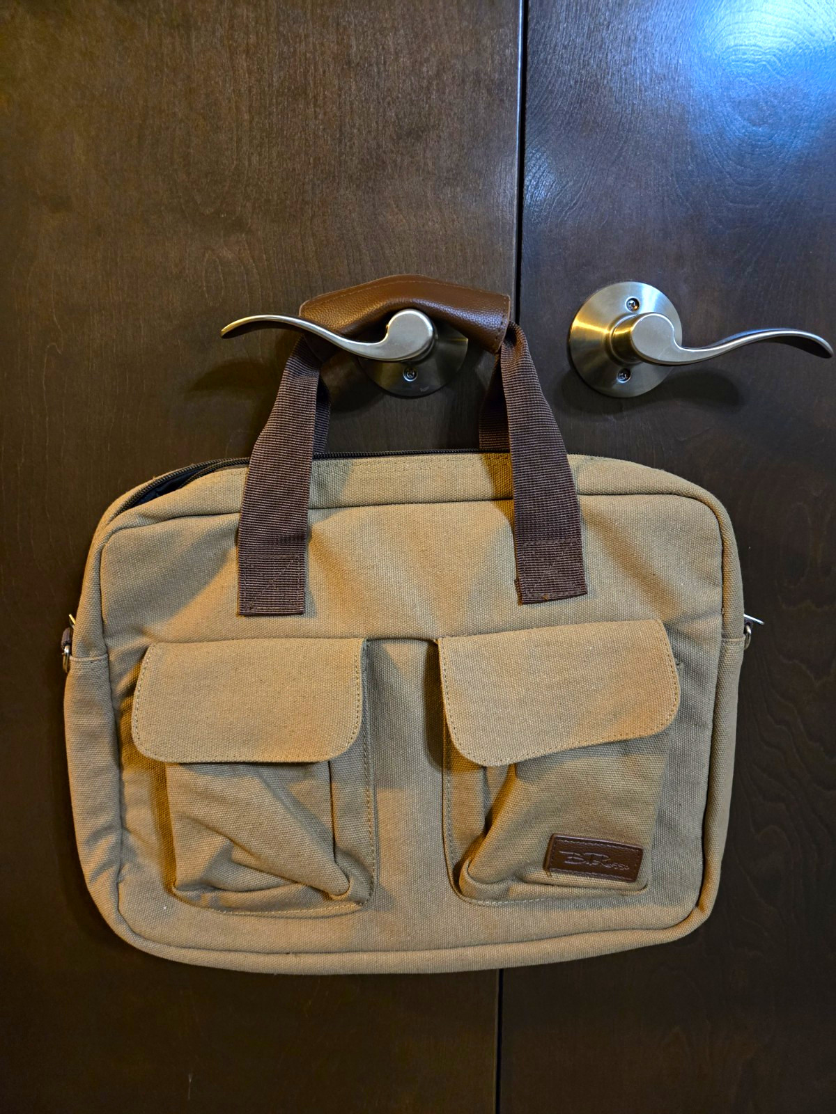 Bella Russo Beige Canvas Briefcase Laptop Bag Padded Brown Handles