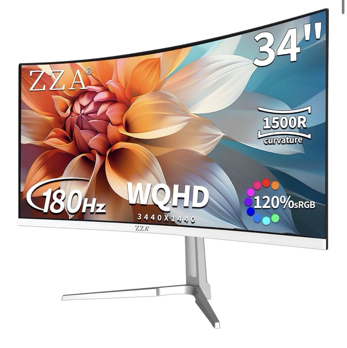 ZZA 34in Curved 1500R WQHD 3440x1440 180Hz White Gaming Monitor
