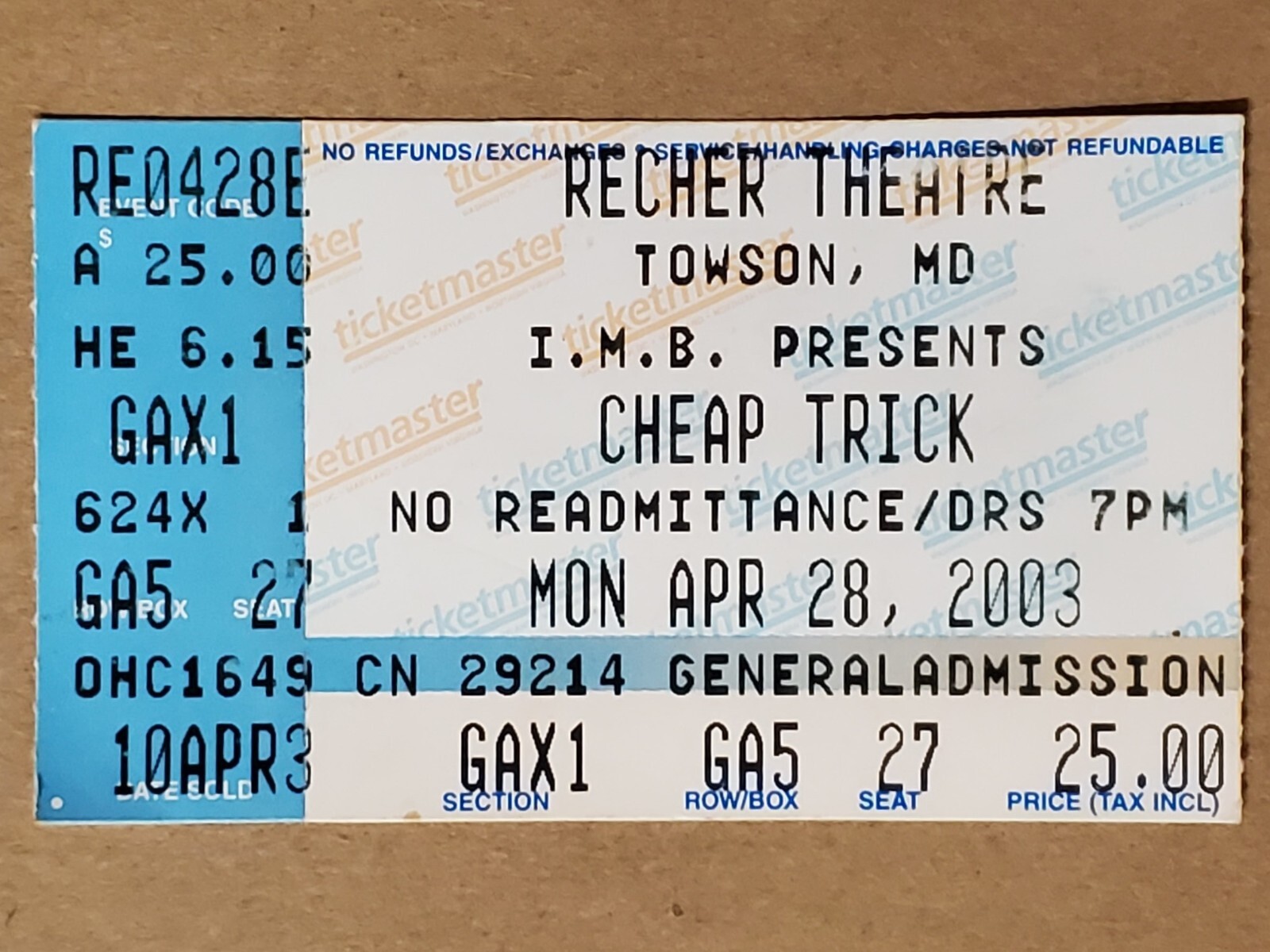 CHEAP TRICK CONCERT TICKET STUB 2003 TOUR RECHER THEATRE TOWSON MD
