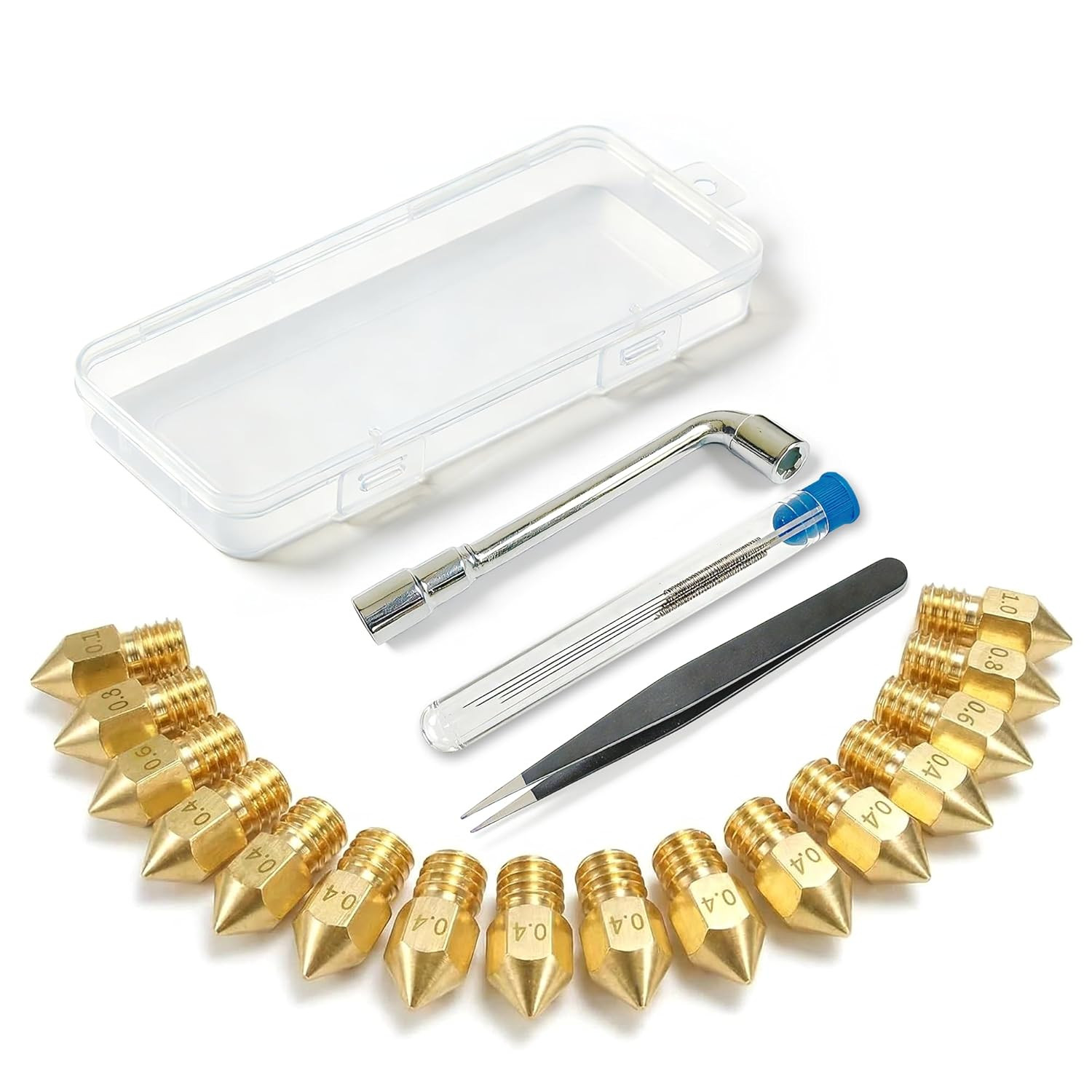 3D Printer Nozzle Kit, 16PCS MK8 Brass Nozzles 0.2/0.4/0.6/0.8/1.0Mm