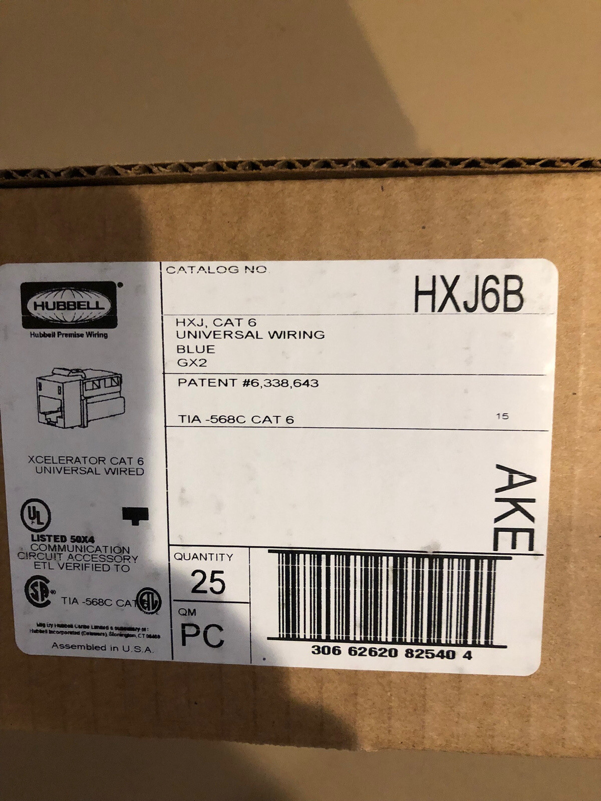 (A) Hubbell HXJ6B CAT6 UNIVERSAL WIRING BLUE 25 PACK