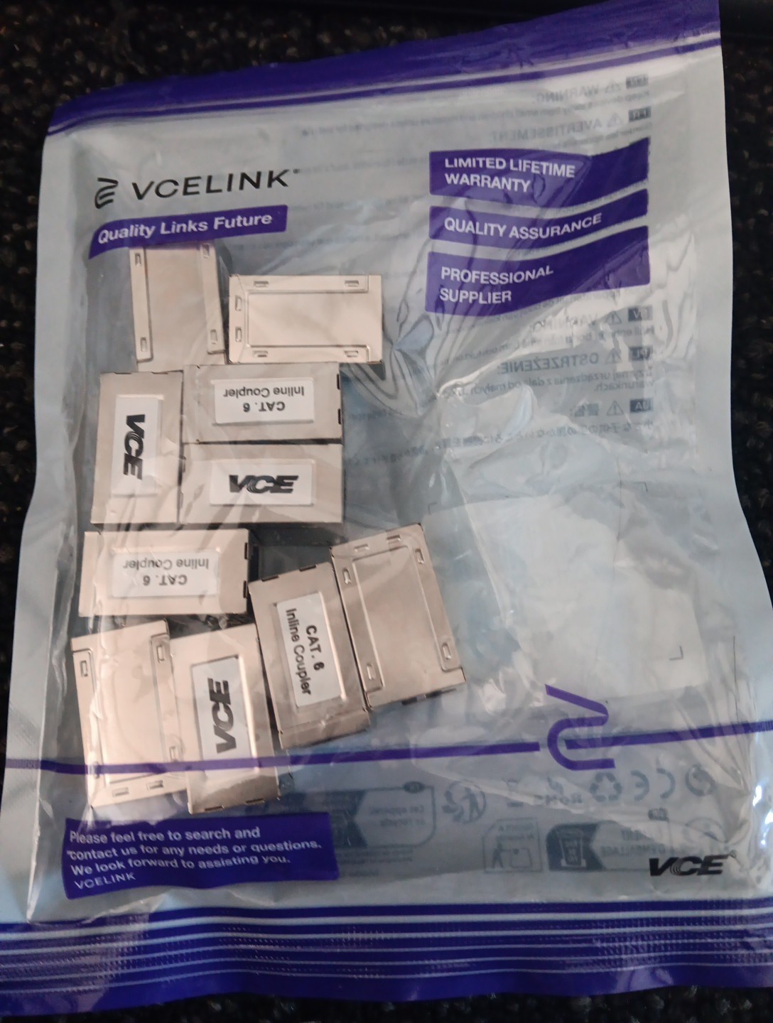 10 Pack of VCE VCELINK UL Listed CAT6 RJ45 Keystone Jack Inline Couplers Silver
