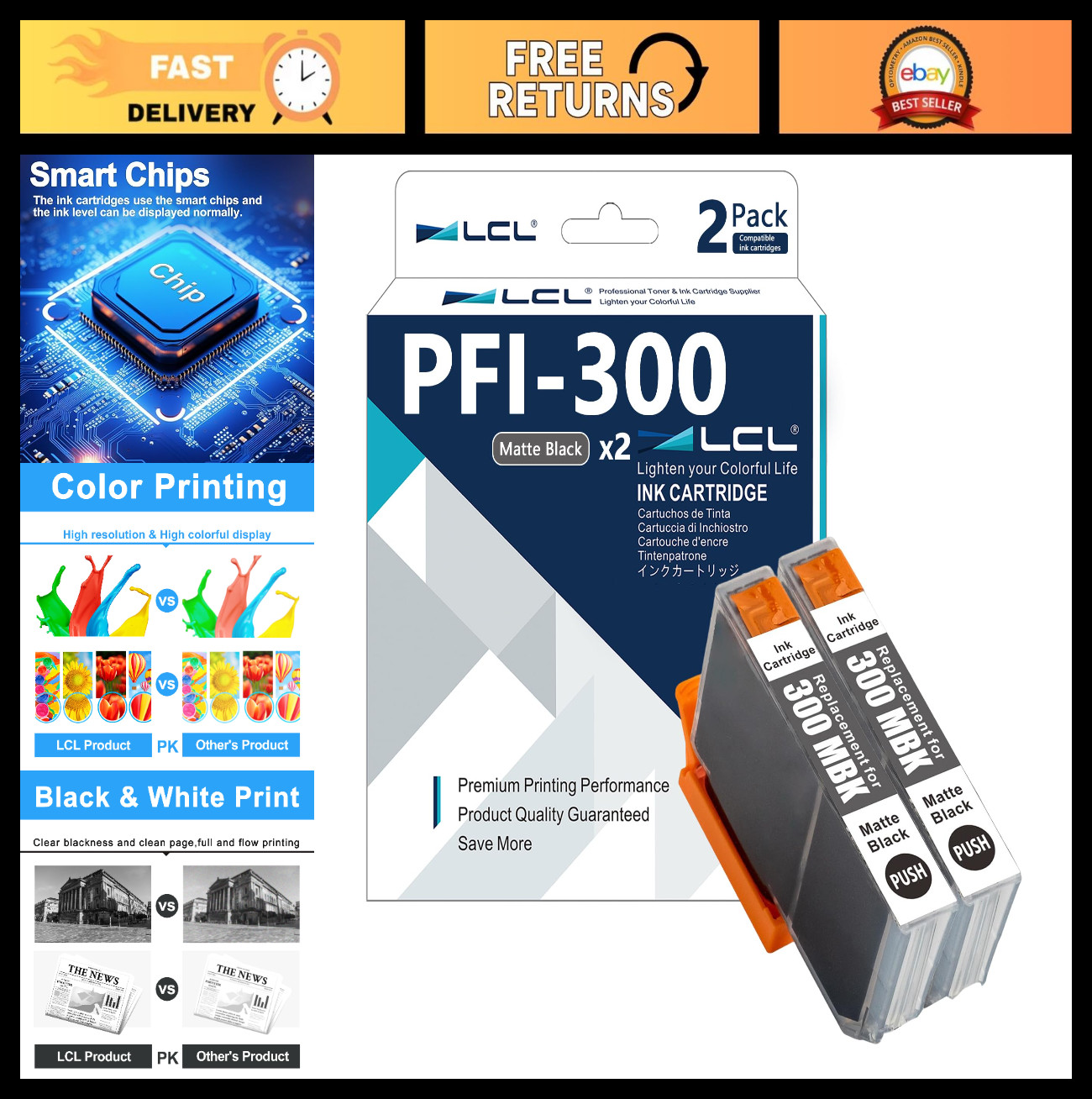 2-Pack Pigment Ink Cartridge Replacement for Canon PFI-300 Matte Black - imagePR