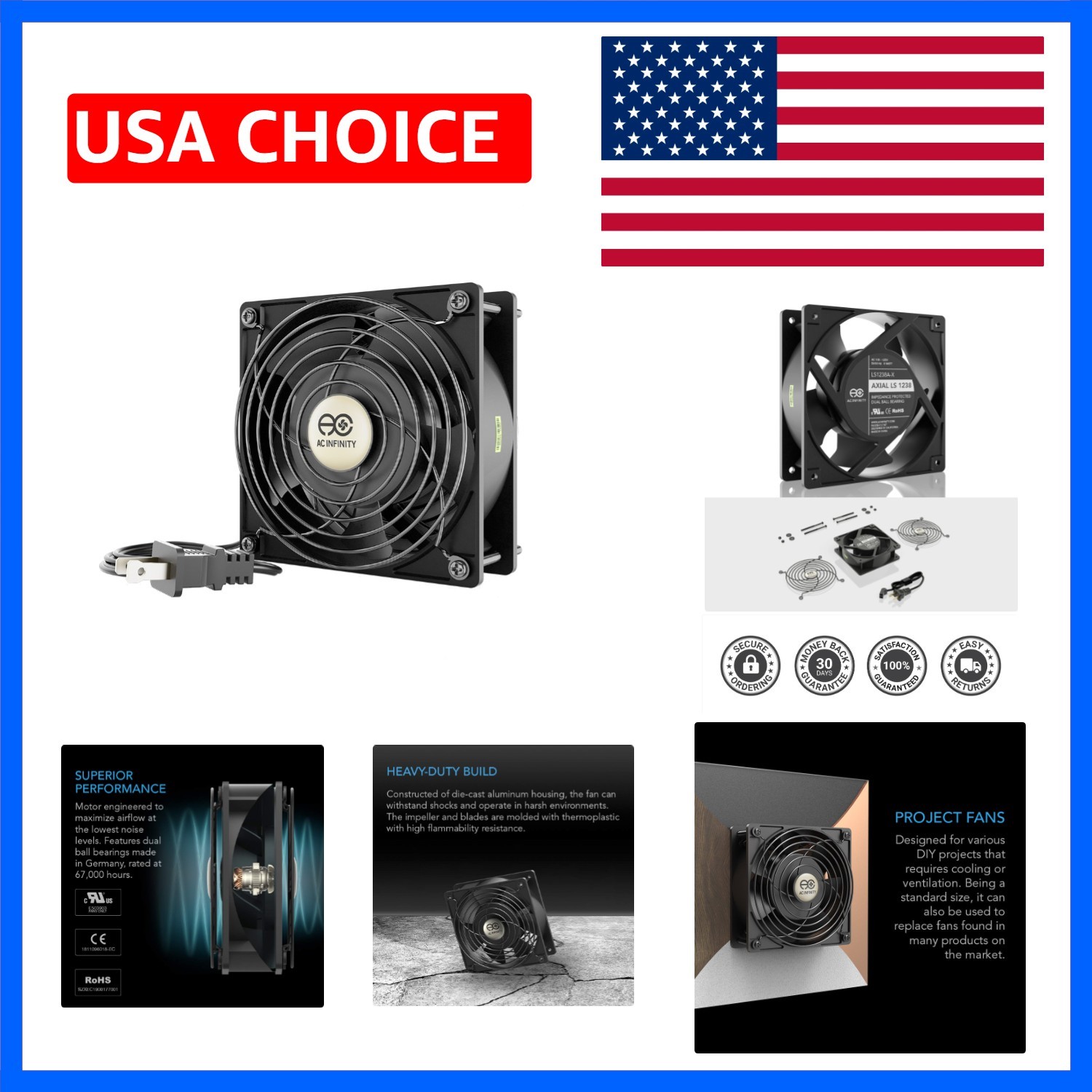 AXIAL LS1238, Quiet Muffin Fan, 120V AC 120mm x 38mm Low Speed, -Certified fo...