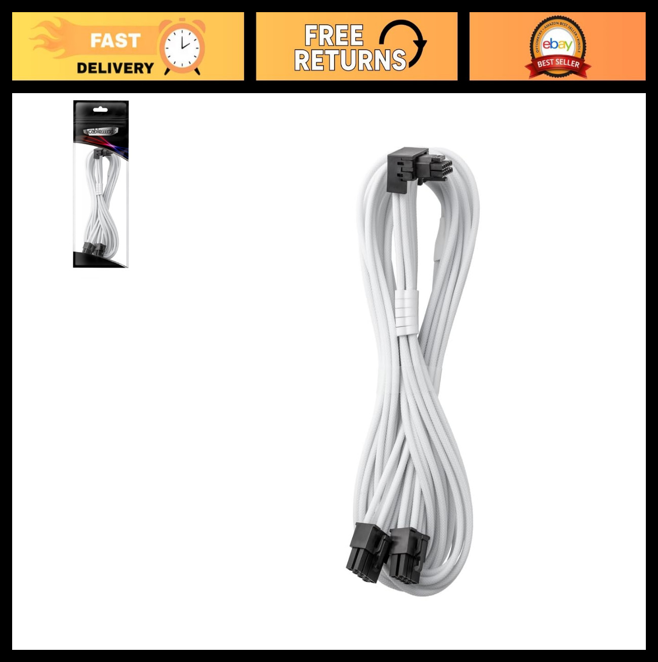 12VHPWR 90° PCI-e Cable, 16-pin to Dual 8-pin, StealthSense, 60cm, White