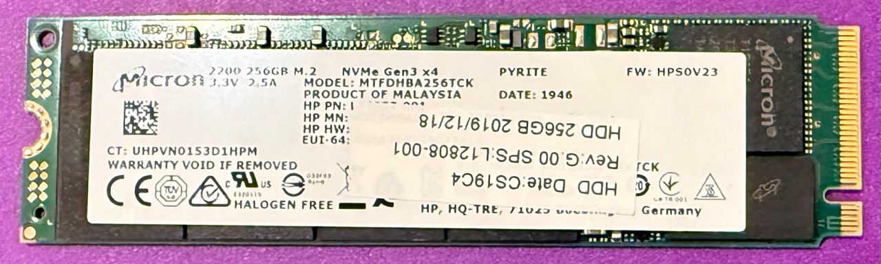 Micron 2200 256GB M.2 2280 NVMe SSD MTFDHBA256TCK HP L12808-001 - Wiped