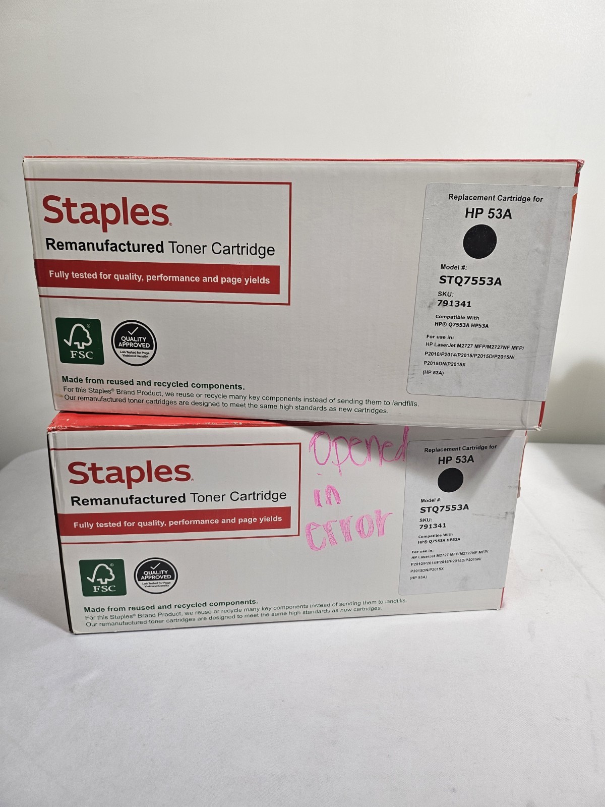 2 Staples  Black Standard Yield Toner Cartridge Replacements - HP 53A (STQ7553A)