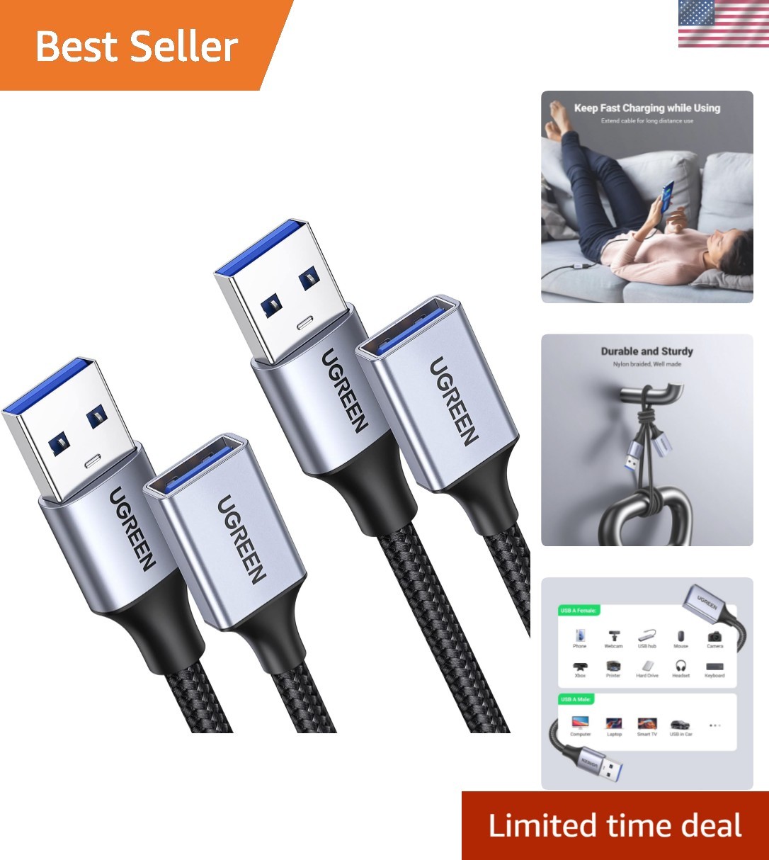 High-Speed 2 Pack USB 3.0 Extension Cable 3FT - Durable Nylon Braided Design
