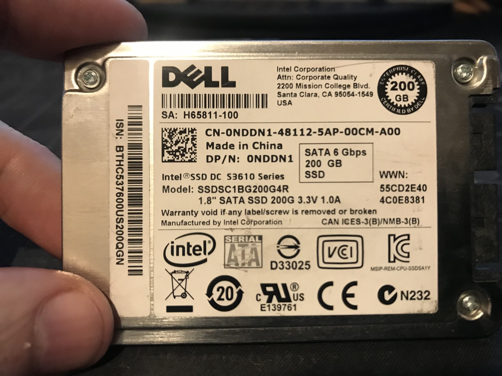 Dell | Intel DC S3610 | 200GB 1.8" | uSATA | SSD | SSDSC1BG200G4R | Tested