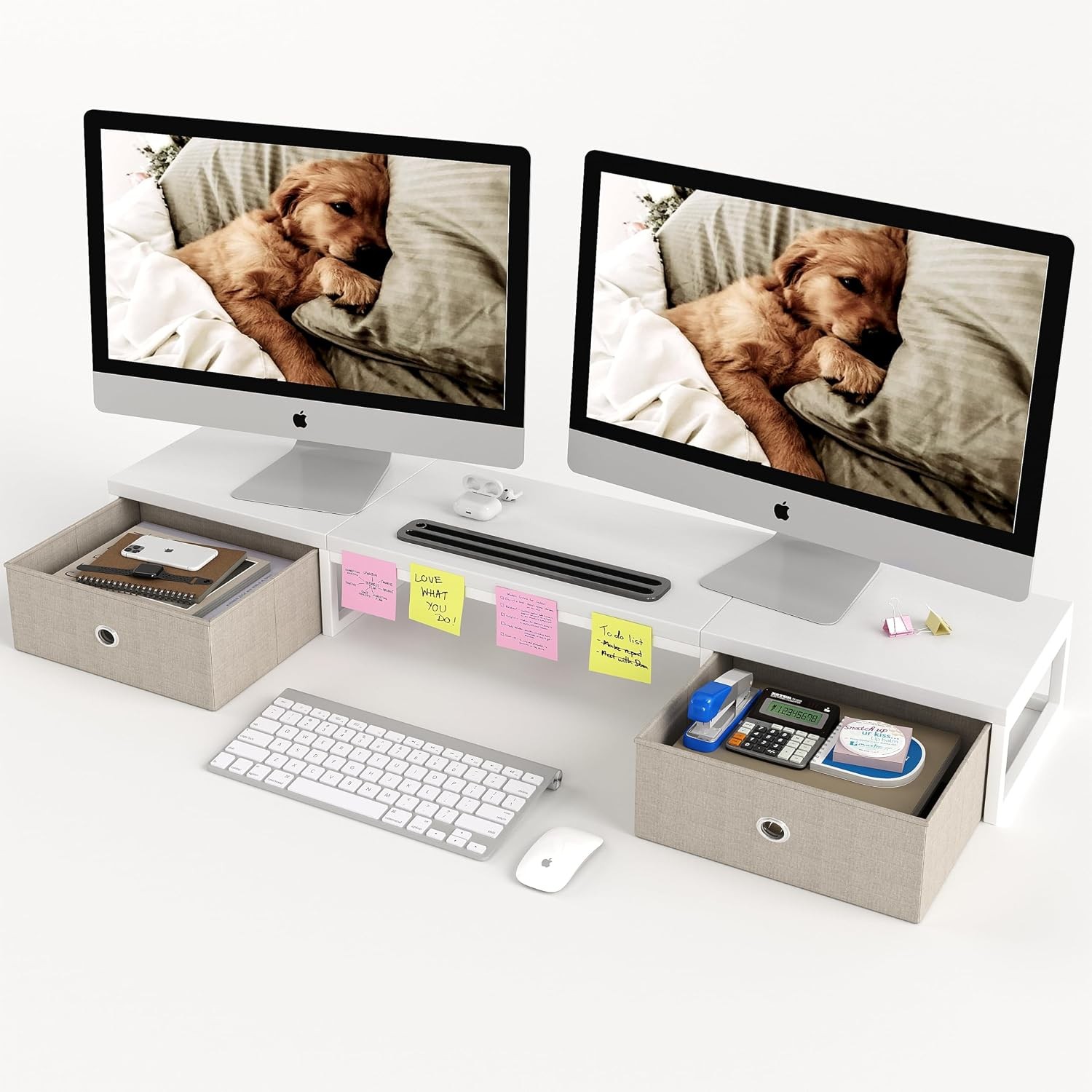 39 Inch Dual Monitor Stand Riser w/ 2Drawers - Large White Wooden Computer Stand