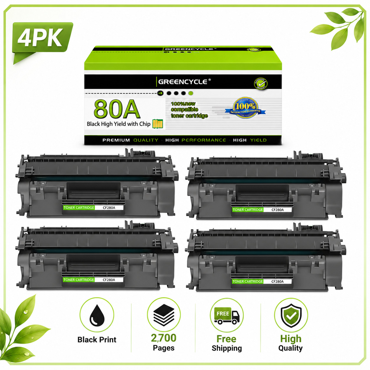 4 Pack Greencycle 80A Toner for HP CF280A Pro 400 M401dw M425dw Printer