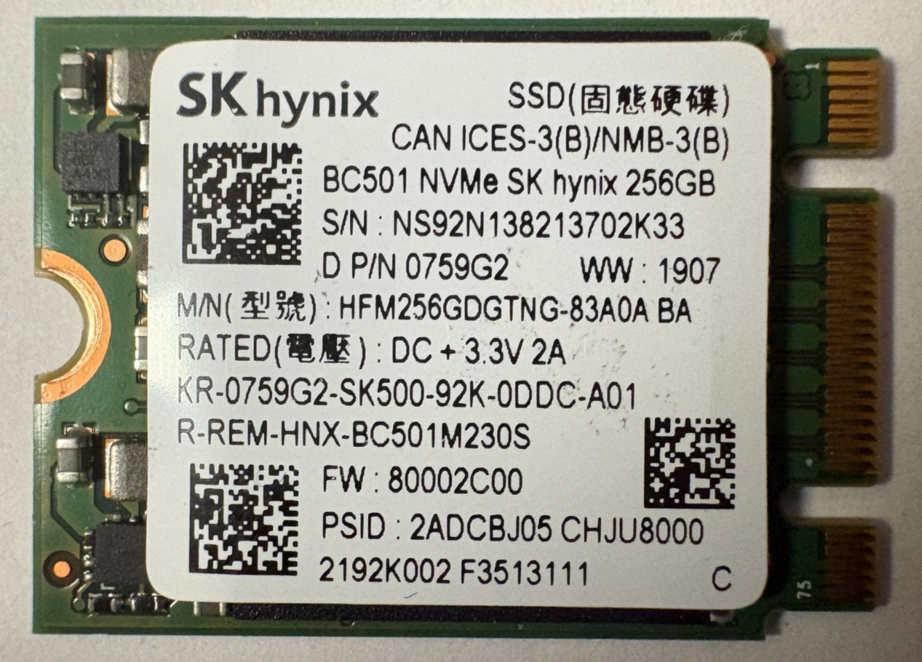 |SK Hynix BC501 256GB M.2 2230 3D TLC PCIe Gen3 x2 NVMe SSD 