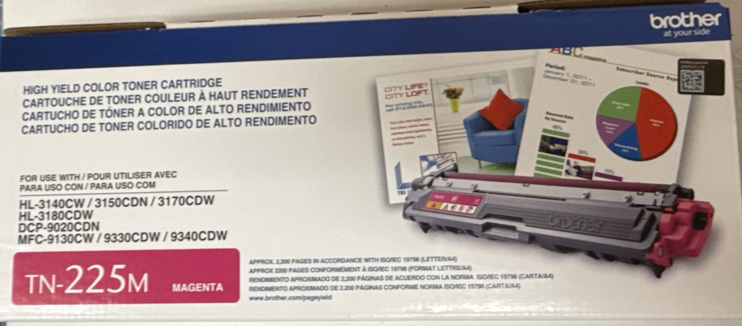 Brother Genuine TN-225M Magenta Ink Toner Cartridge 1 Cartridge NEW