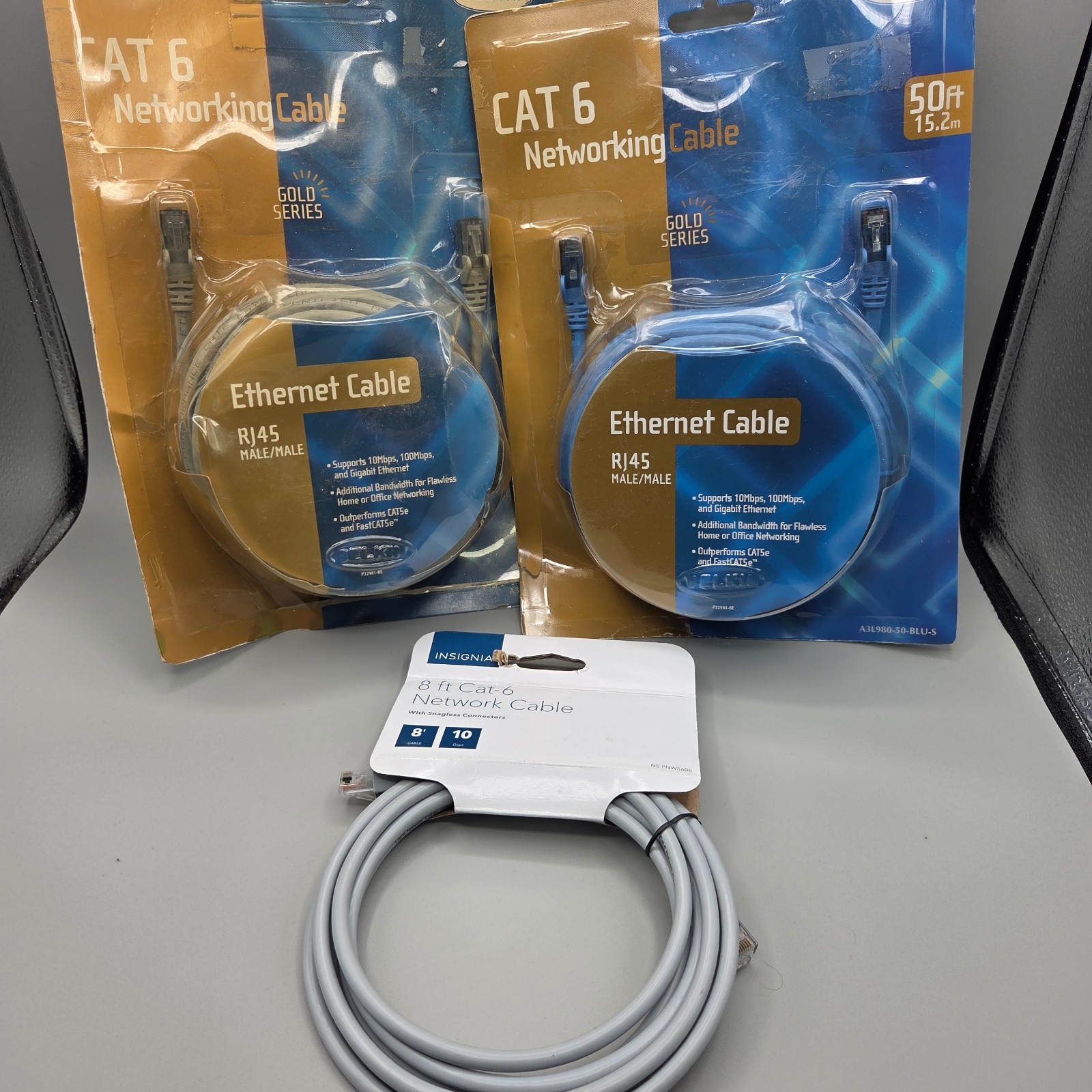 2 Packs of 50ft Belkin Gold Series CAT6 Ethernet Cable & 1 Pack of 8' Cat-6