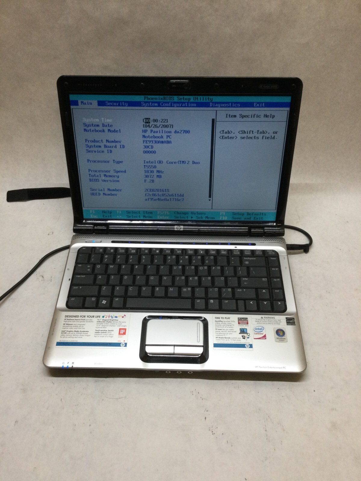 HP Pavilion DV2700 14.1" Notebook Core 2 Duo 1.83GHz 3GB RAM NO HDD NO OS -- DW-