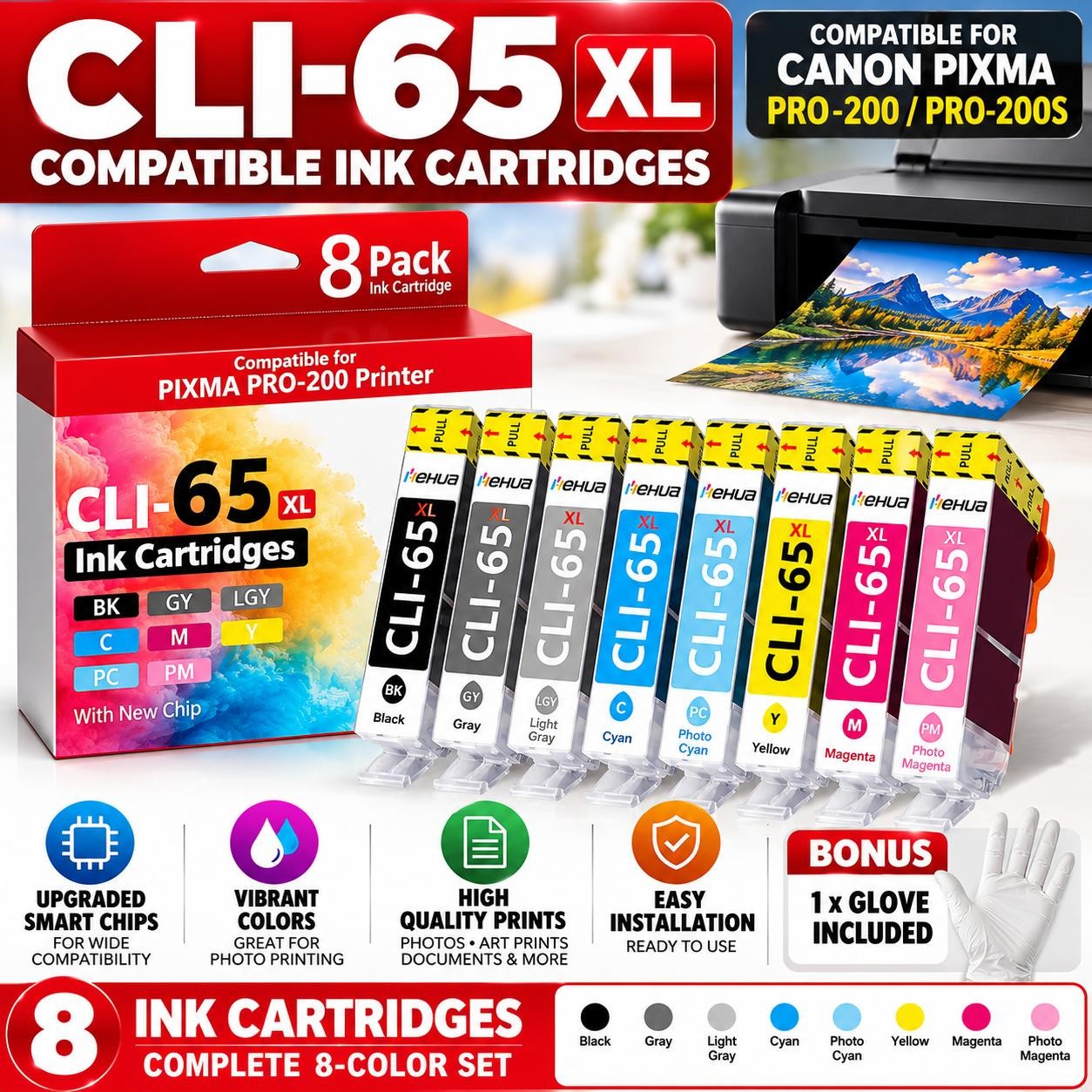 CLI-65 Ink 8PK for Canon PIXMA PRO-200 PRO-200S Photo Printer Cartridges