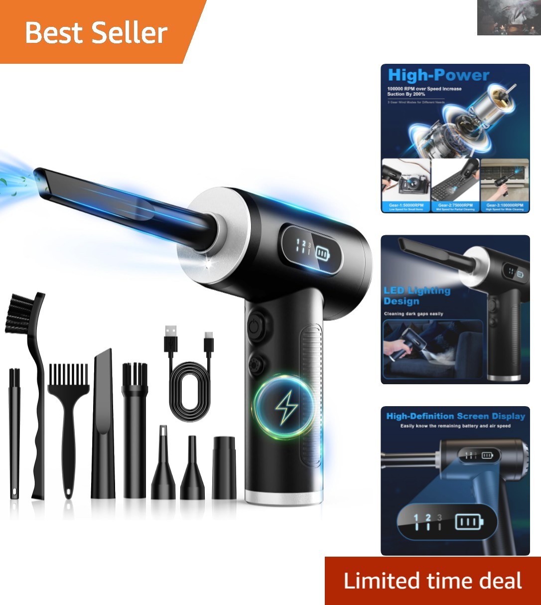 Portable Rechargeable Air Blower with Adjustable Speeds & Built-in LED Light