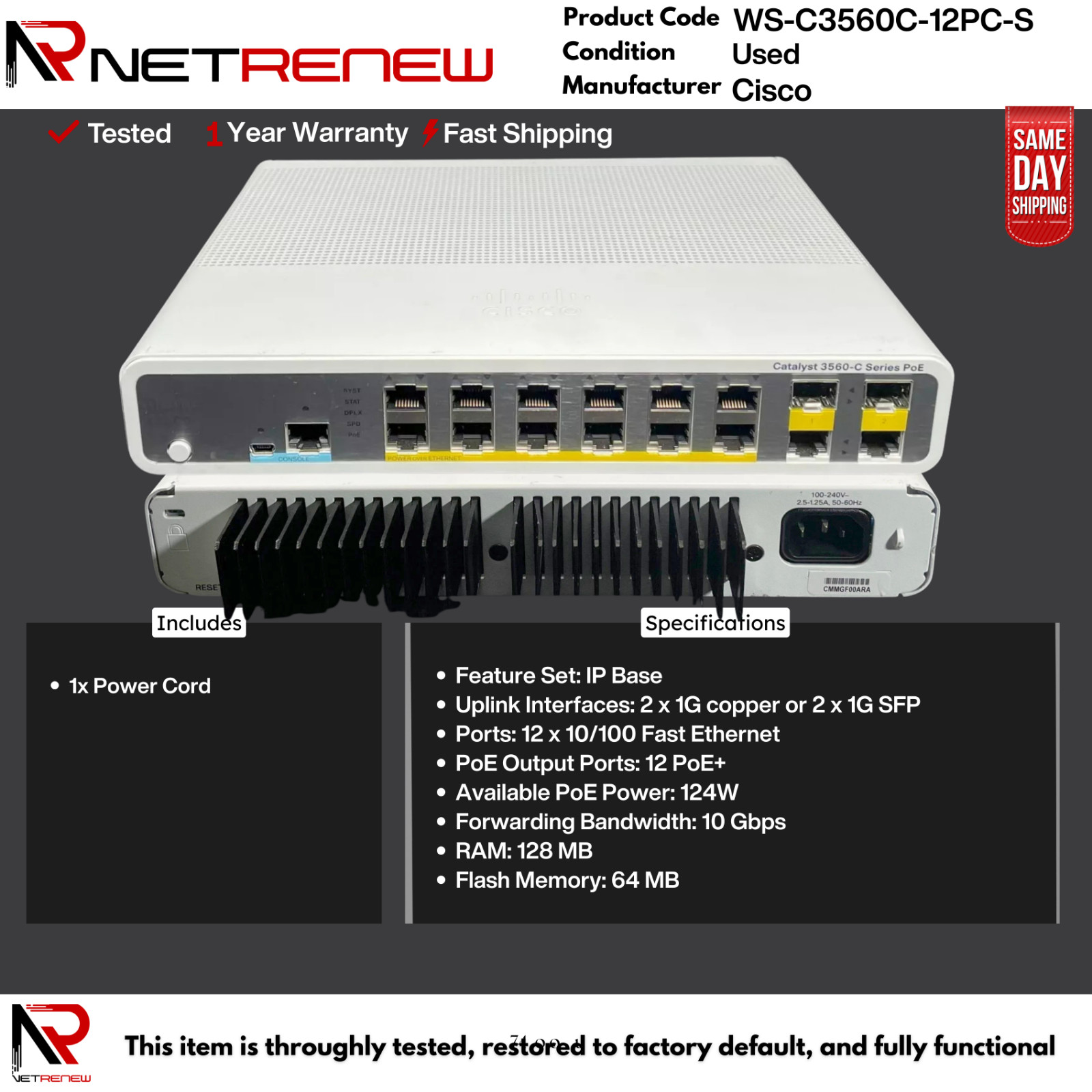 WS-C3560C-12PC-S  Cisco 3560C  PoE+  Switch  12 Port